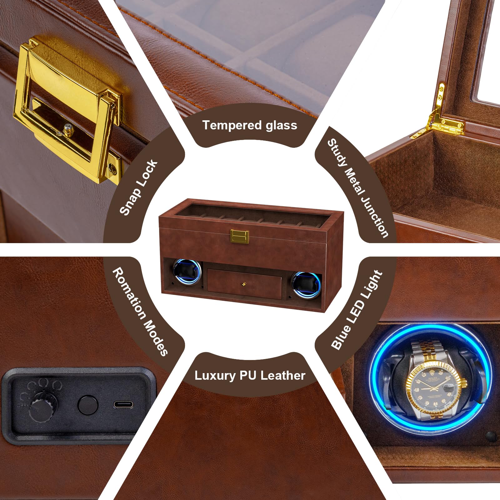 XTELARY Caja de almacenamiento doble para 2 relojes automáticos con caja de 16 cajones, 4 modos de rotación, cojín ajustable y luz LED azul para los amantes de los relojes