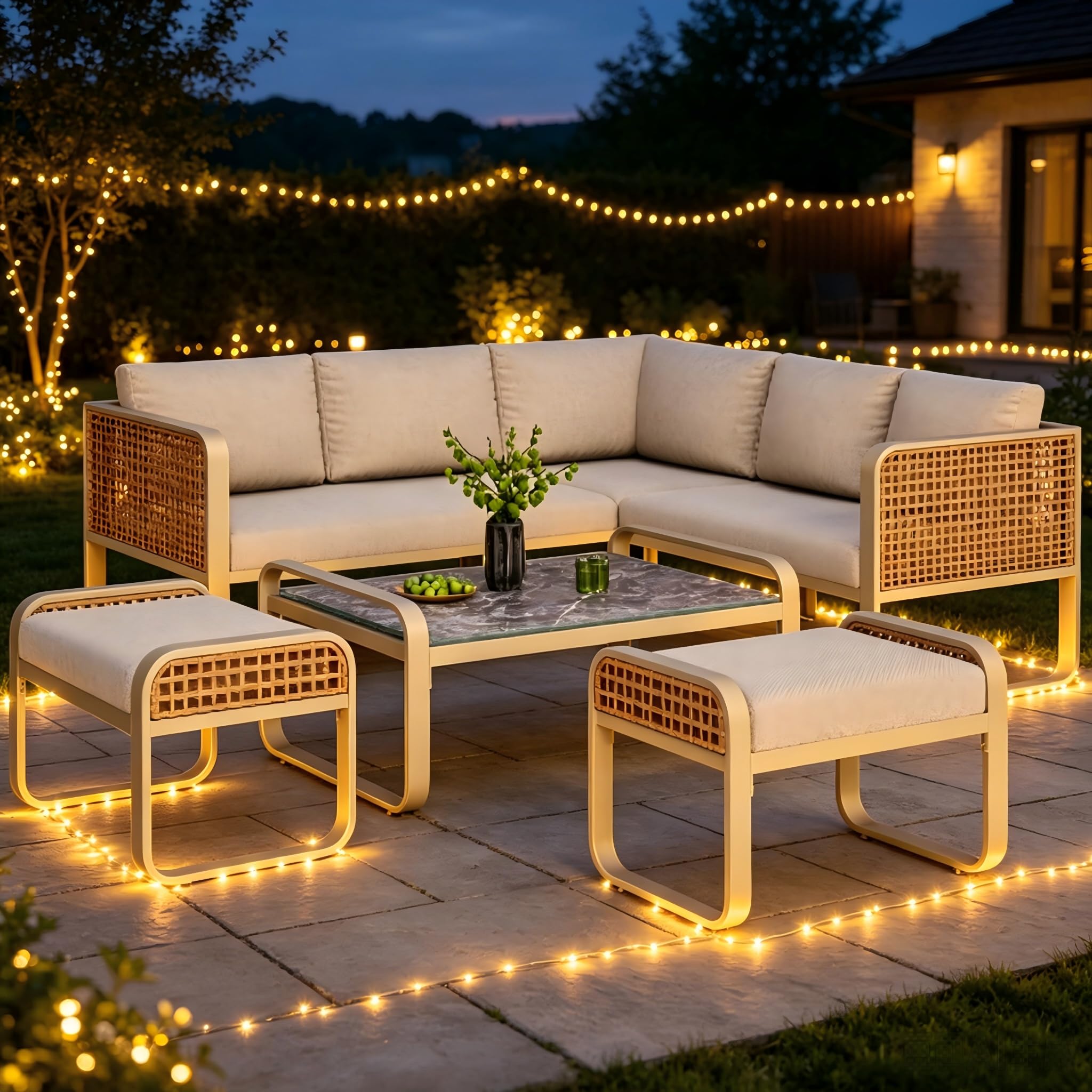 Set divano angolo rattan ferro zincato 120x61x69 cm beige per 6-7 persone