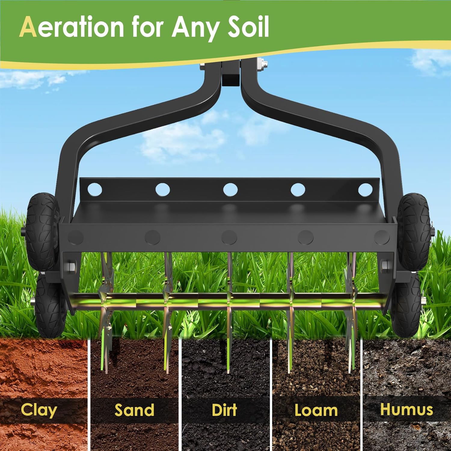 Seeutek 18 Inch Lawn Aerator, Upgraded Heavy Duty Manual Aerators Lawn Tool w/ 3D Steel Tines, 4 Wheels & Non-Slip Handle, Push Spike Aerator Suitable for Lawn, Garden and Yard