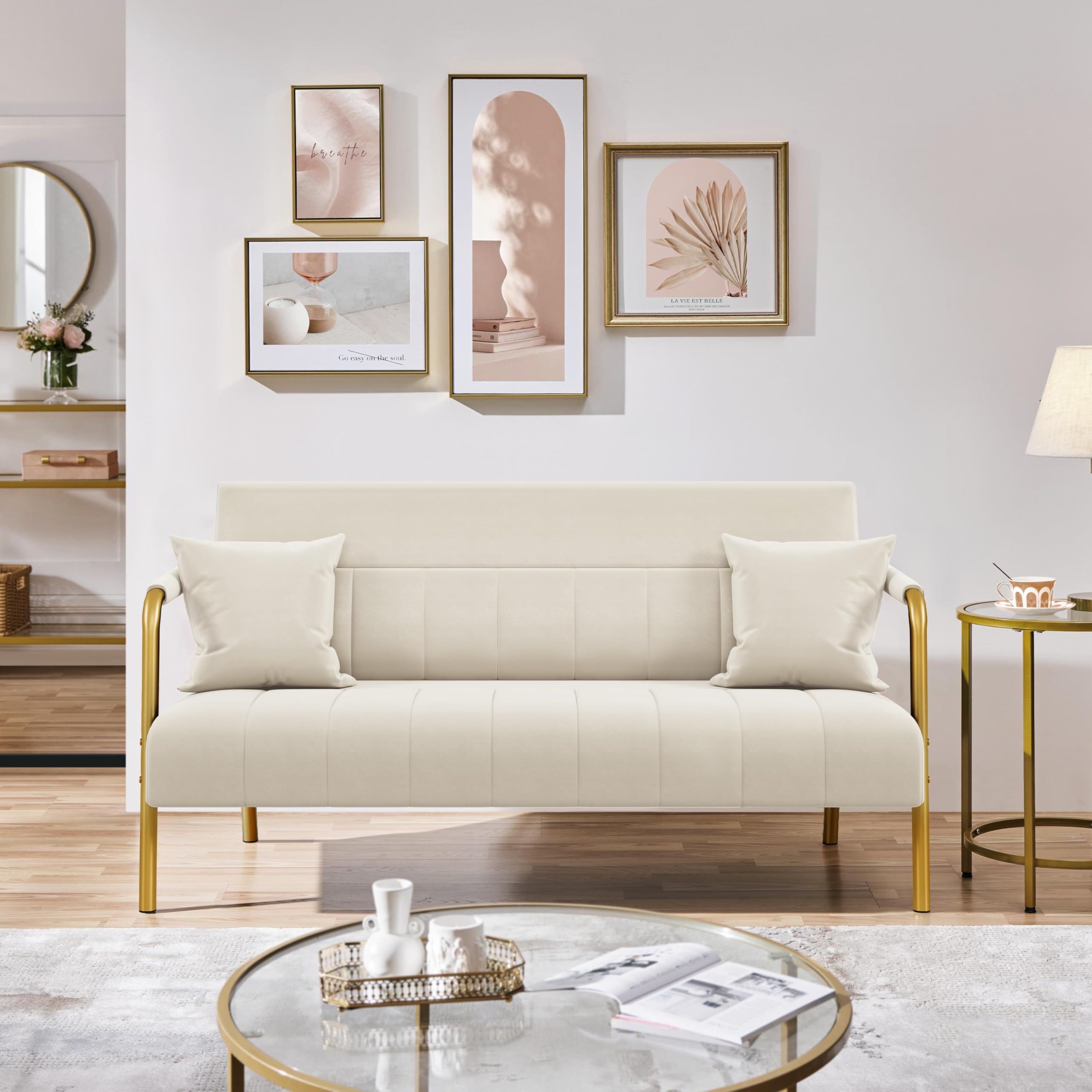 Yaheetech Polstersofa mit Armlehnen & Beine aus Metall Modernes Zweisitzer-Sofa mit 2 Lendenkissen Loveseat fürs Wohnzimmer, Heimbüro Beige