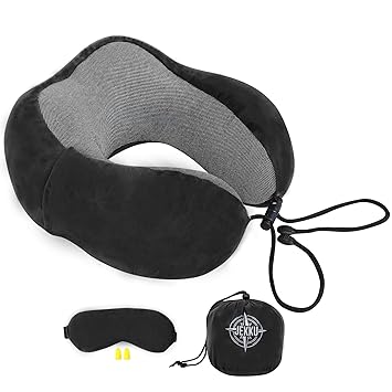 JEKKU Premium Memory Foam Neck Pillow for Travelling – Comfortable Travel Pillow for Pain Relief, Travel Neck Pillow for Airplane, Car & Home Use(Black) - image, photos