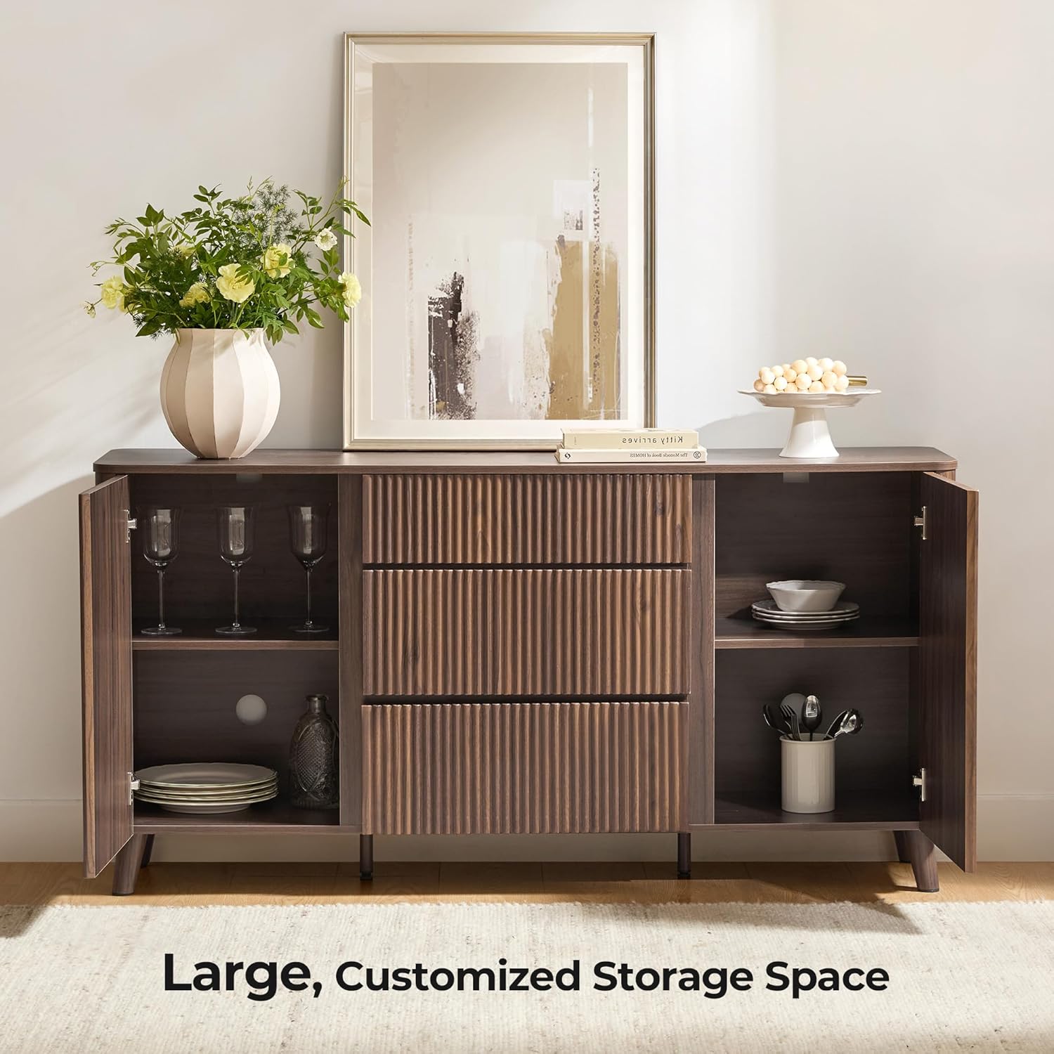 CHITA 62" Sideboard Buffet Cabinet with Storage, Living Room Accent Cabinet with Drawers, Doors and Adjustable Shelves, for Bar, Kitchen and Dining Room, Walnut Walnut Set of 1