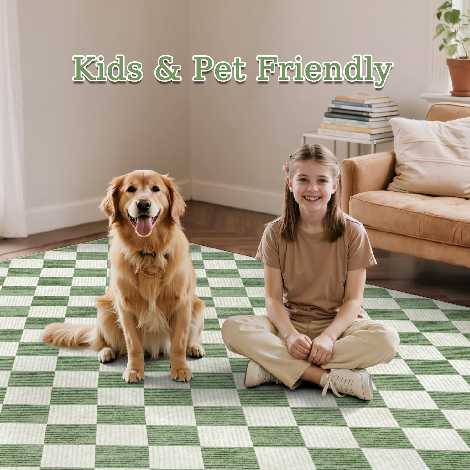 Washable Green Checkered Rug 5x7, Non-Slip Low Pile Area Rug for Living Room, Bedroom, Nursery, Modern Neutral Farmhouse Diamond Carpet, Pet & Kid Friendly