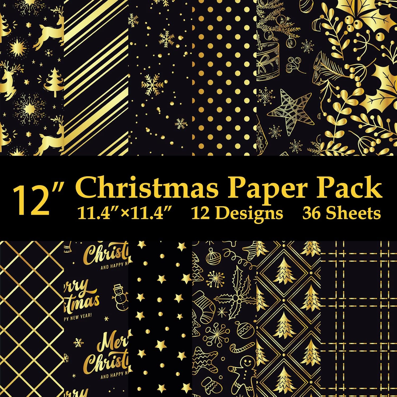 12" Christmas Pattern Paper & Sticker Kit Black Gold Scrapbook Premium Specialty Paper Double-Sided 12"x12" with 12 Designs 36 sheets for Scrapbooking Card Making Crafting : Arts, Crafts & Sewing