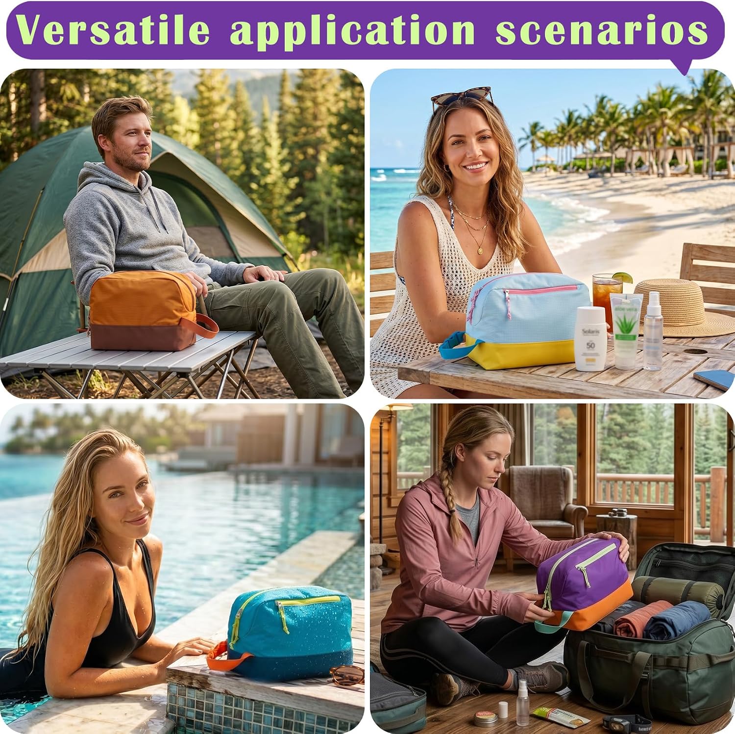 Waterproof Makeup Bag For Women Girls Men,Two-Tone Colorblock Travel Toiletry Bag With Wet Pocket & Removable Transparent Bag, 8L Large Capacity Lightweight Vacation Essentials (Purple+Orange)