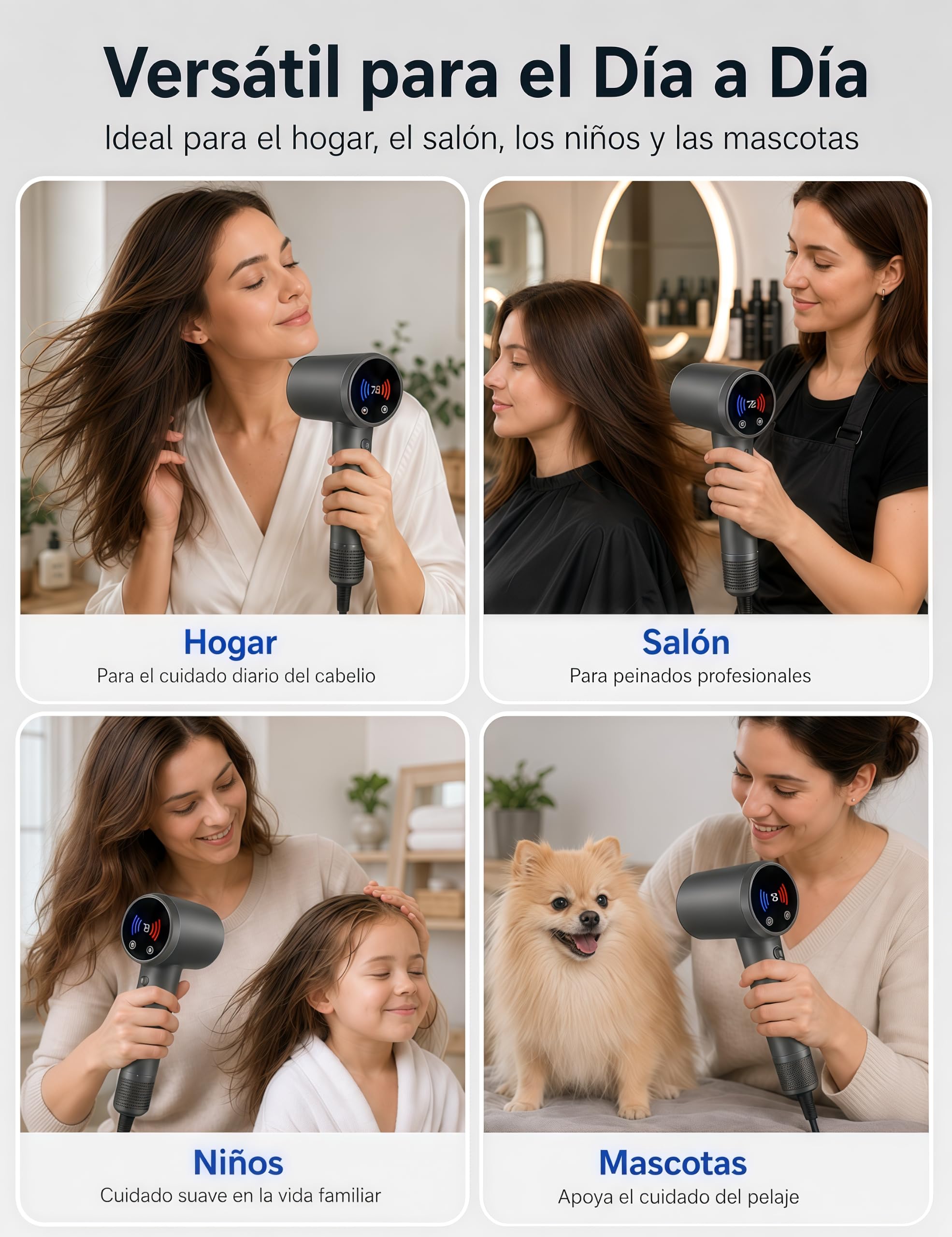 Secador de Pelo de Alta Velocidad con 5 Difusores Compatible con Dyson, 160.000 rpm, Iónico, Motor sin Escobillas 50 dB, Pantalla Táctil LED, Control NTC, 600 M Iones Negativos, 13 Modos, Magnético
