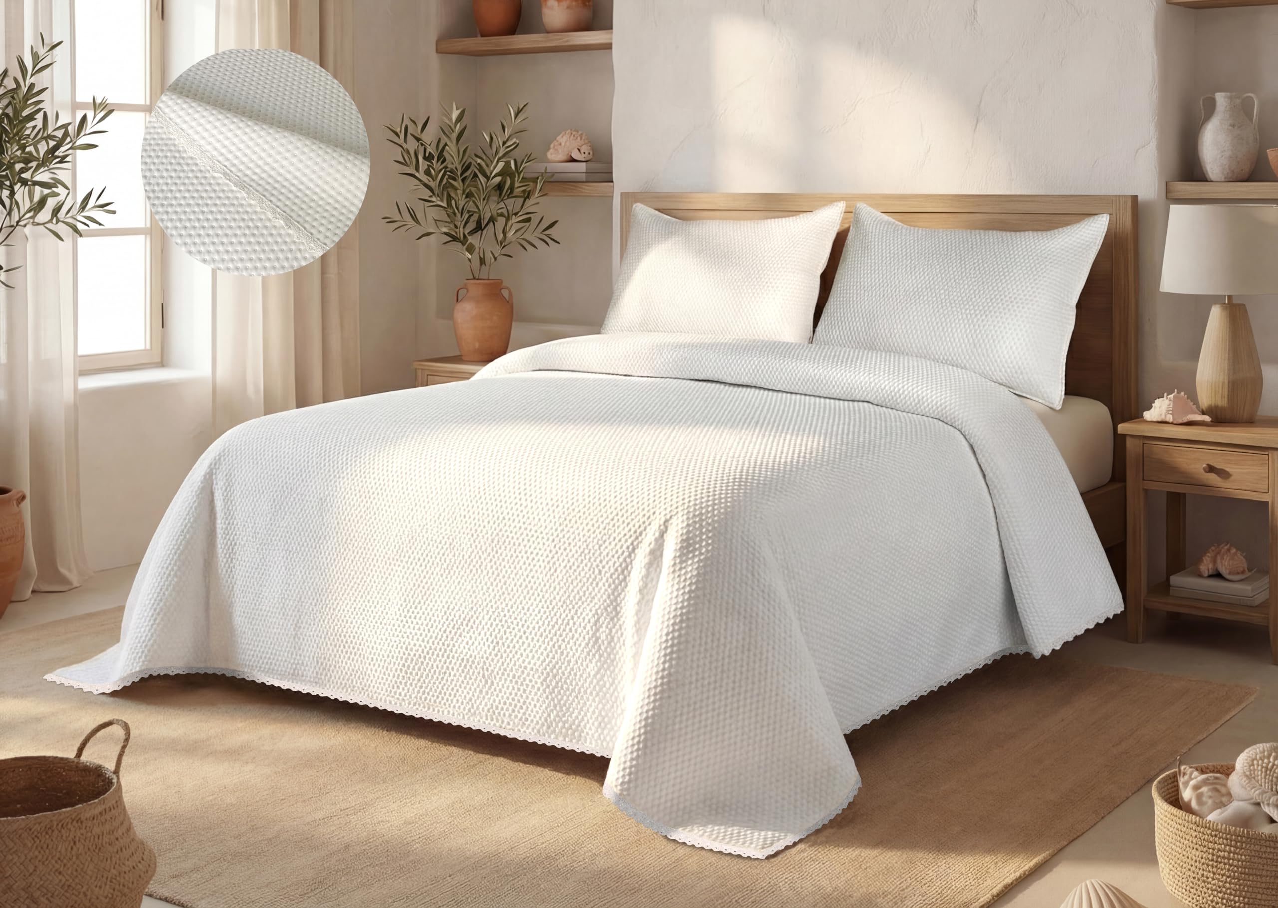 BLANCO NUMERO UNO Colcha con terminación en puntilla Modelo Eva Color Blanca (150 cm)