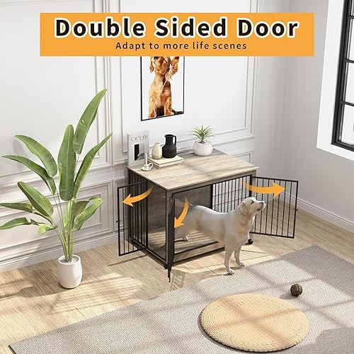 Miniatura 6 de Rovibek Mueble grande de jaula para perros de 44 pulgadas con cuencos giratorios, mesa auxiliar de madera para perros, muebles decorativos