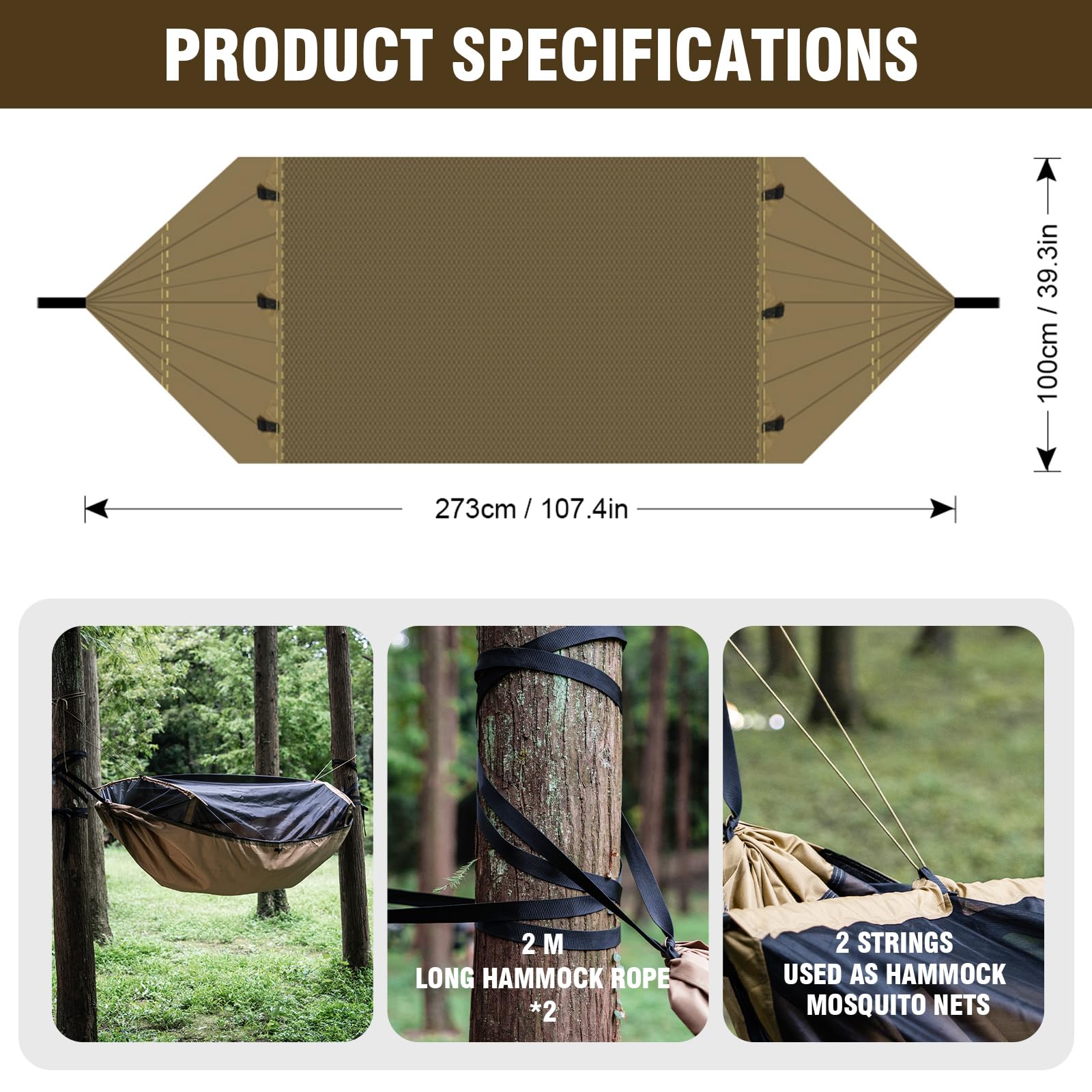 FREE SOLDIER da campeggio escursionismo outdoor Survivor mosquitoe portatile amaca resistente all' usura Resistenza grande tenda per persona 180-195 cm altezza, Brown