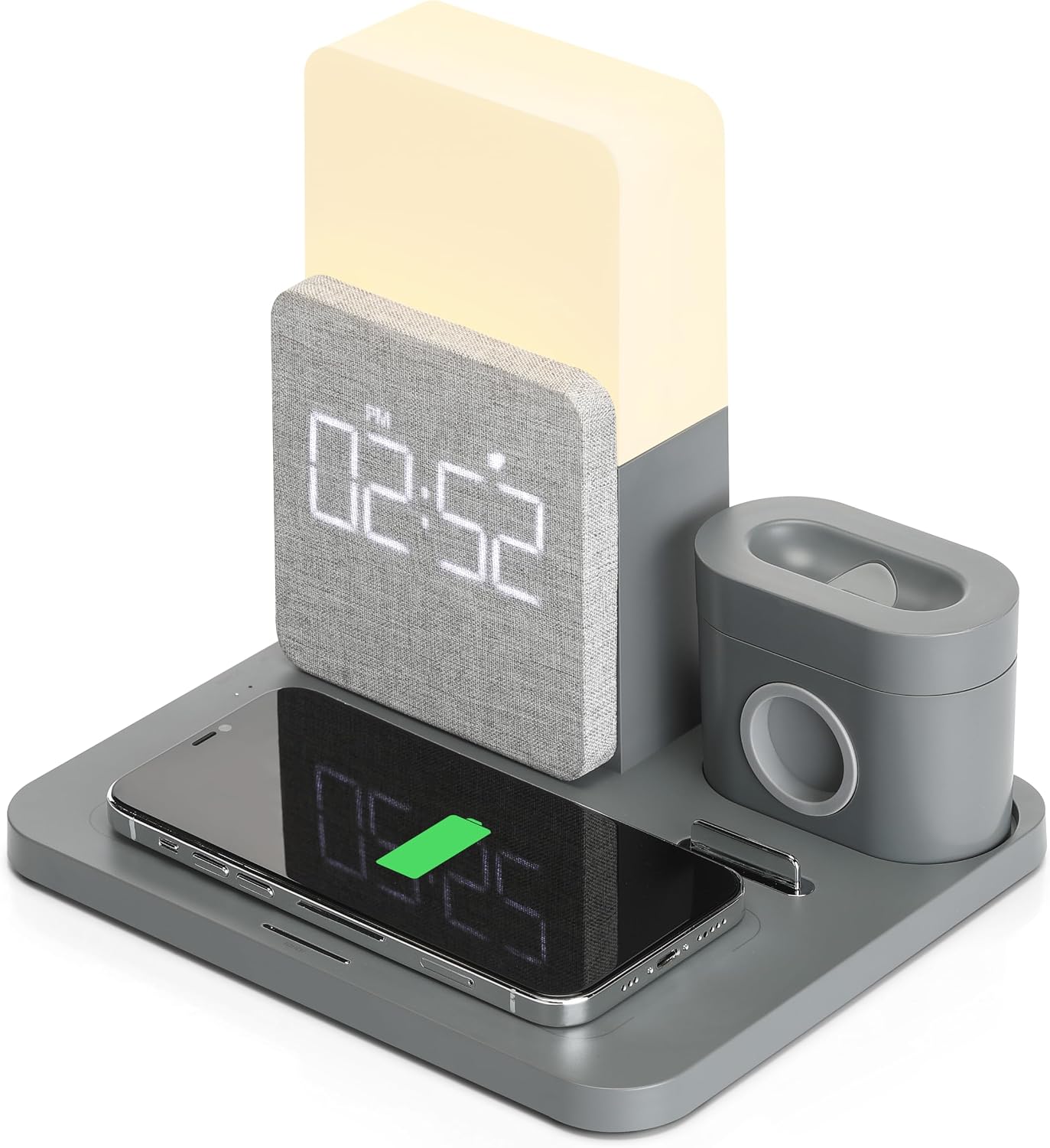6 in 1 Fast Charging Station, 10W Wireless Charger with Alarm Clock and Night Light, Compatible with Samsung, iPhone 15/14/13/12/12 Pro Max/11 Series/XS Max/XR/XS/X/8/8 Plus, Gray (with Adapter) image 5