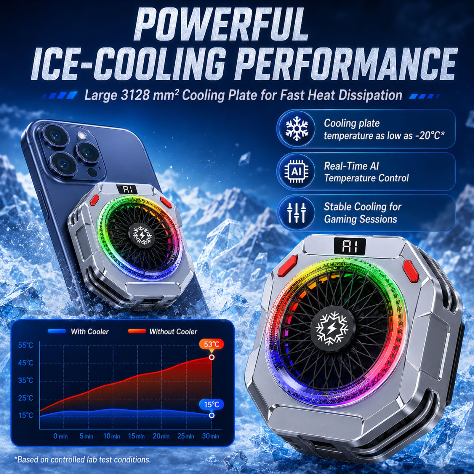 Raffreddatore Telefono Magnetico e Ventola per Telefono: Controllo Intelligente Temperatura, 5 Modalità, Flusso Aria Verticale, Led, Per Smartphone Compatibili con iOS/Android