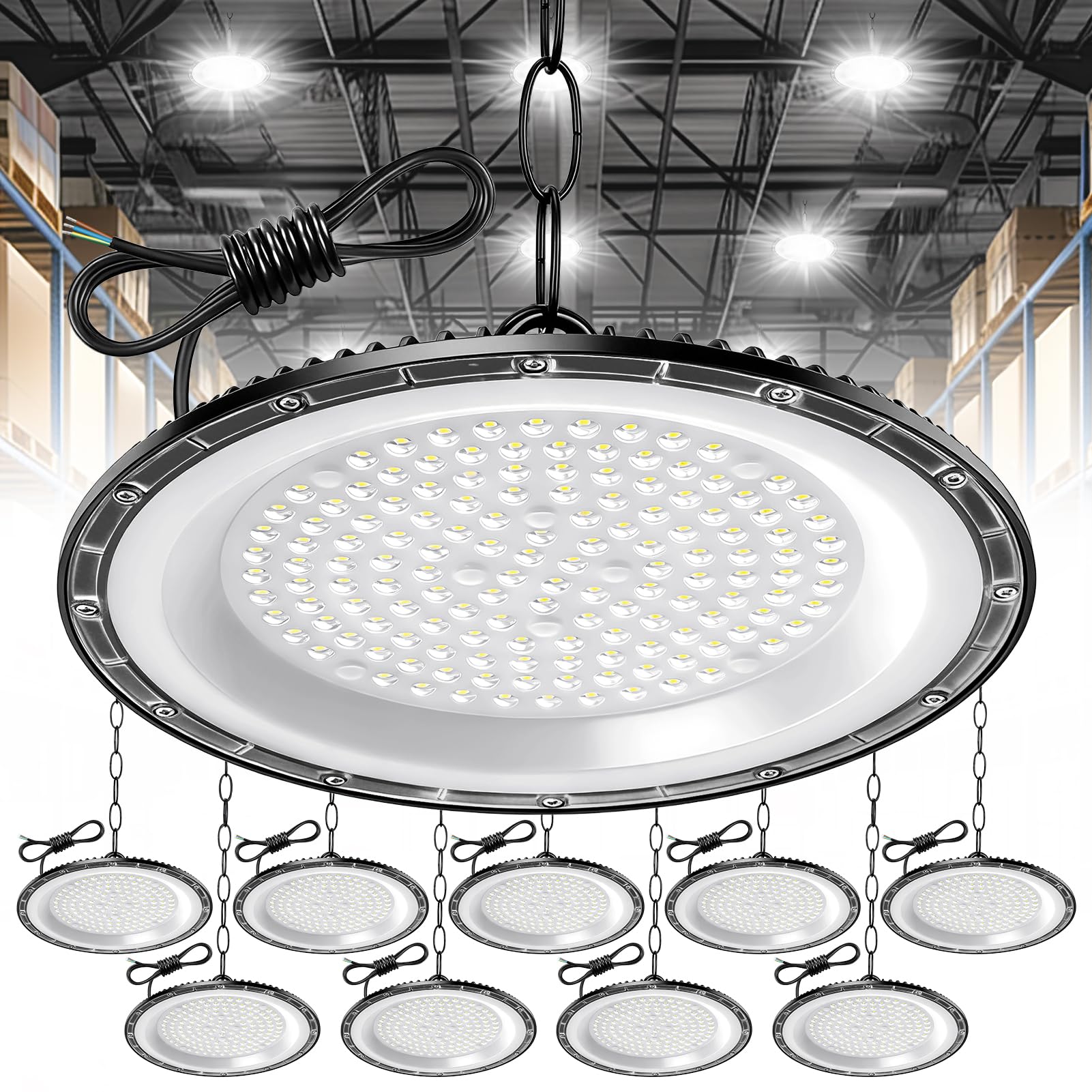 papasbox 10 PCS 200W UFO LED High Bay Light, 20000LM UFO led Workshop Light, Cold White 6500K Bright Workshop Lighting, IP65 Waterproof Industrial lamp high Bay for Factories, Garage, Warehouse โ image 1