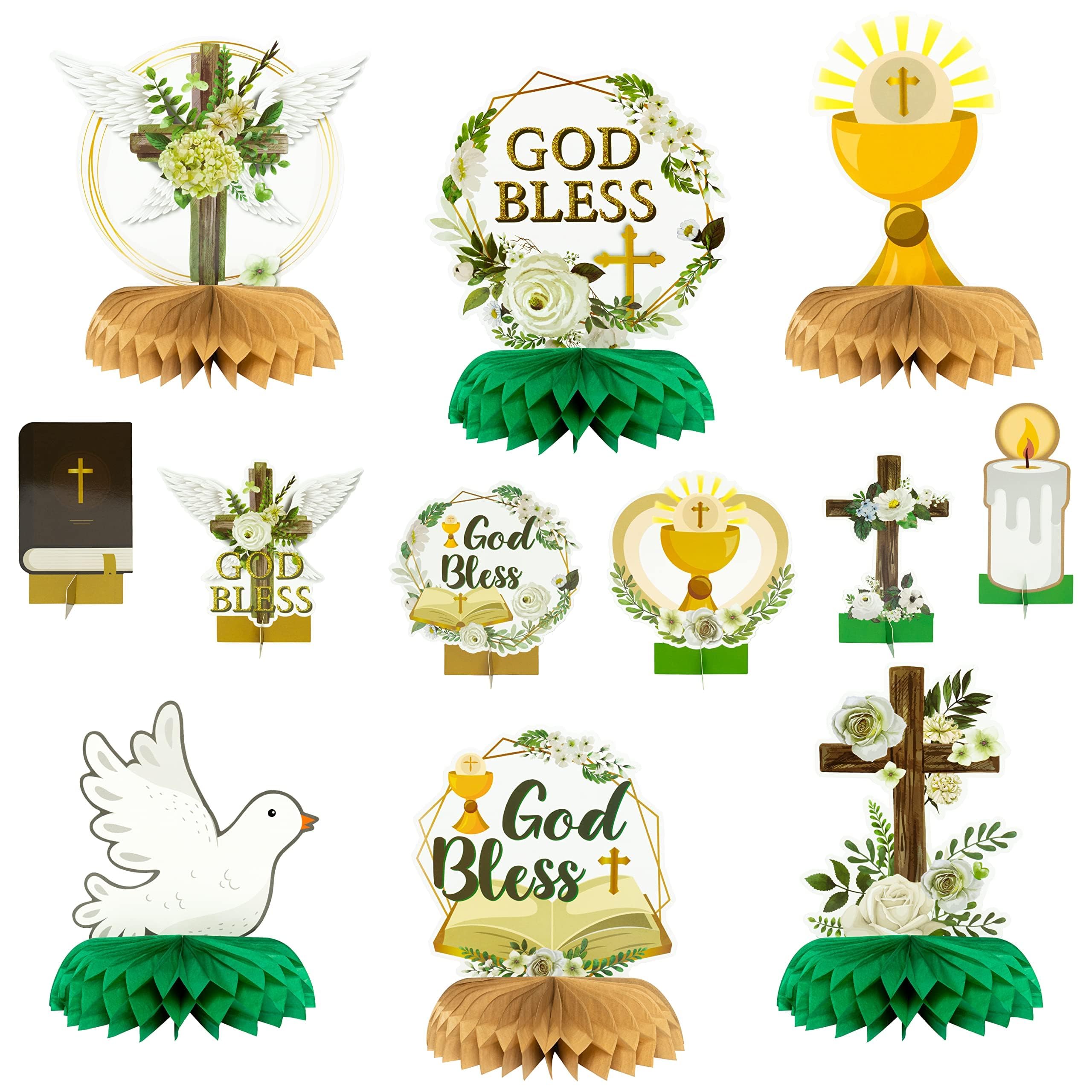 ANGOLIO God Bless Honeycomb Centerpieces, 12PCS Baptism Table decorations