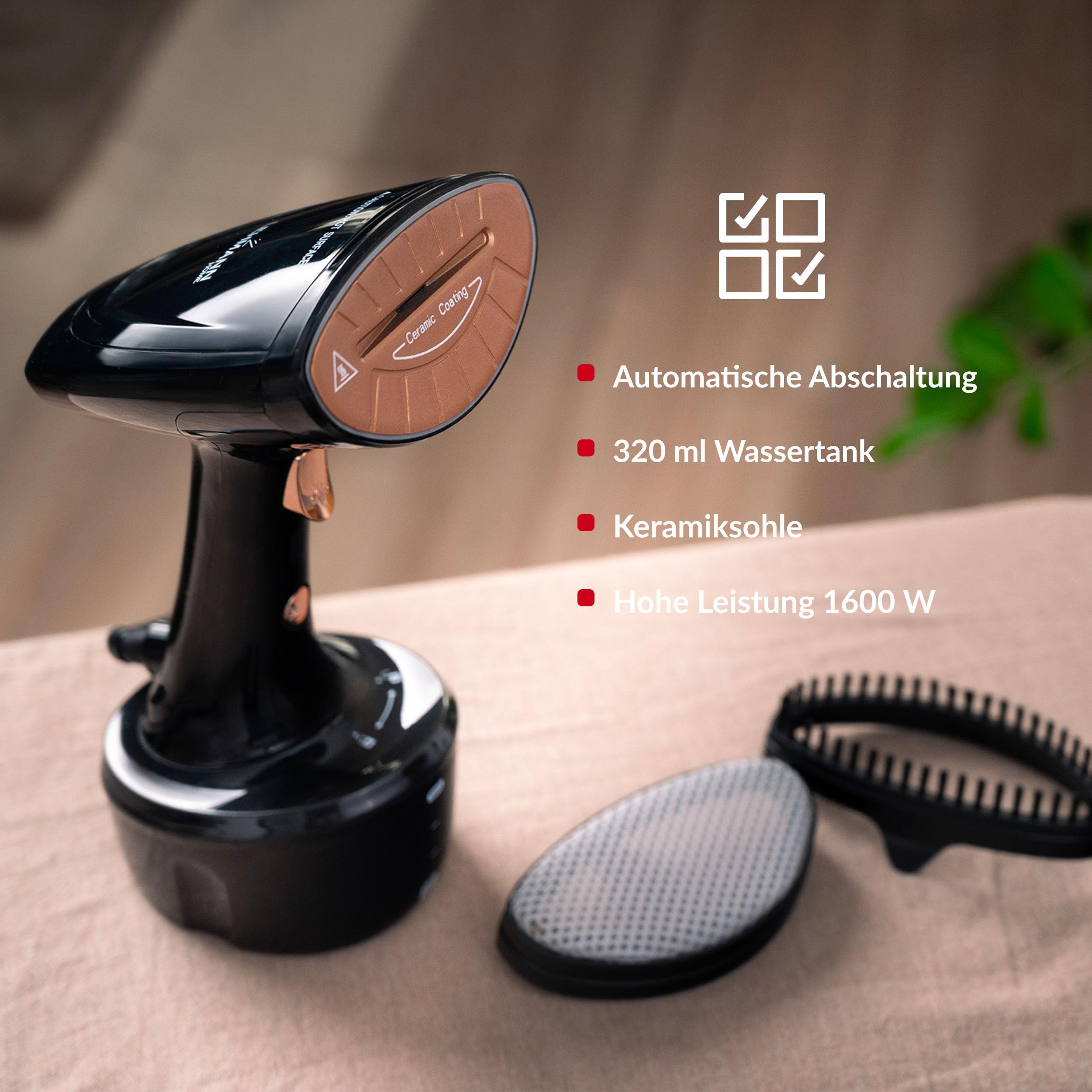 LEHMANN Parownica parowa, 1600 W, moc pary 25 g/min, zdejmowany zbiornik na wodę 320 ml, szybkie nagrzewanie, pionowa i pozioma szczotka parowa do ubrań, w zestawie 2 końcówki, kompaktowa i lekka