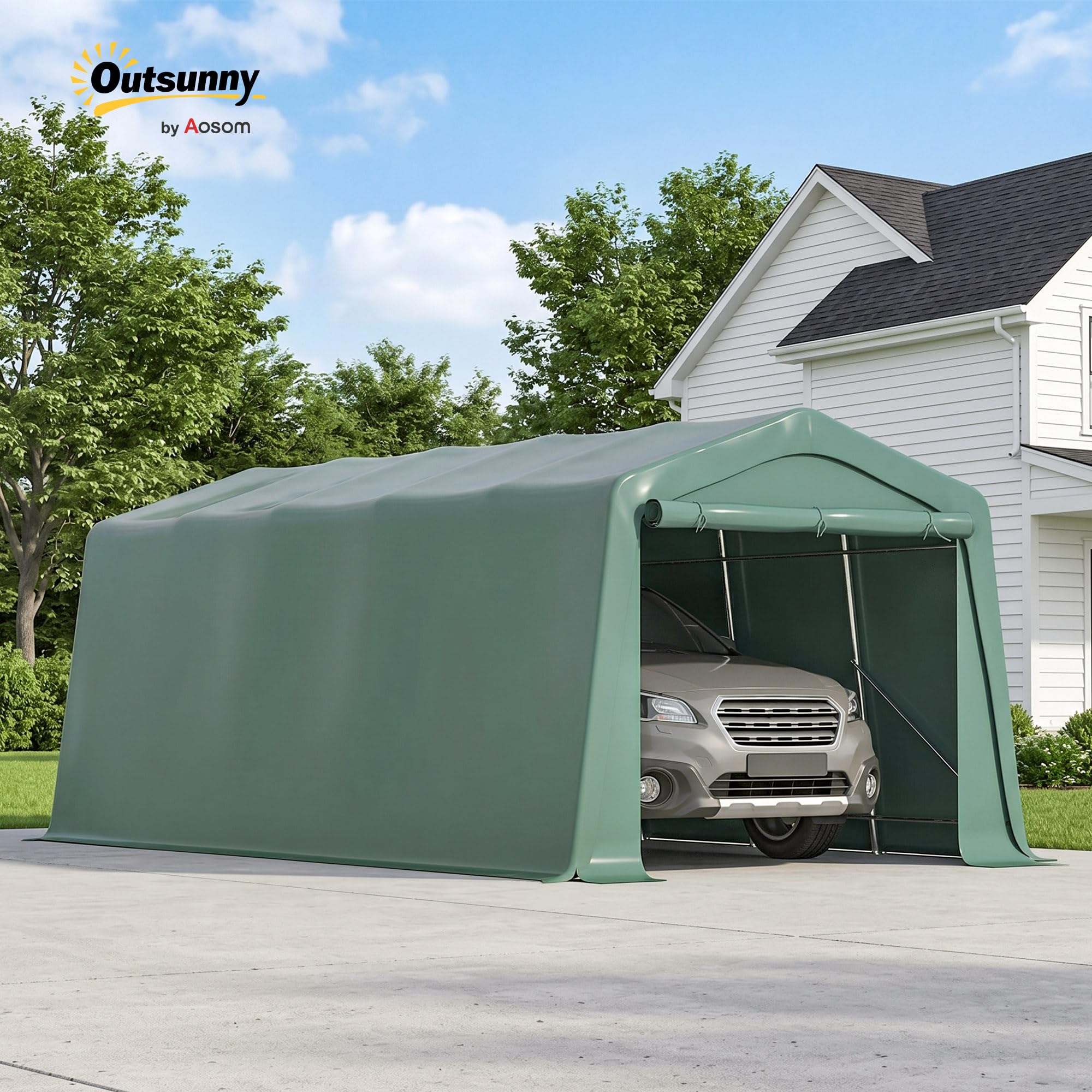 Outsunny Tendone Garage per Auto 6x3.1m in Acciaio e PVC con Ingresso a Doppia Cerniera e Picchetti, Verde Scuro