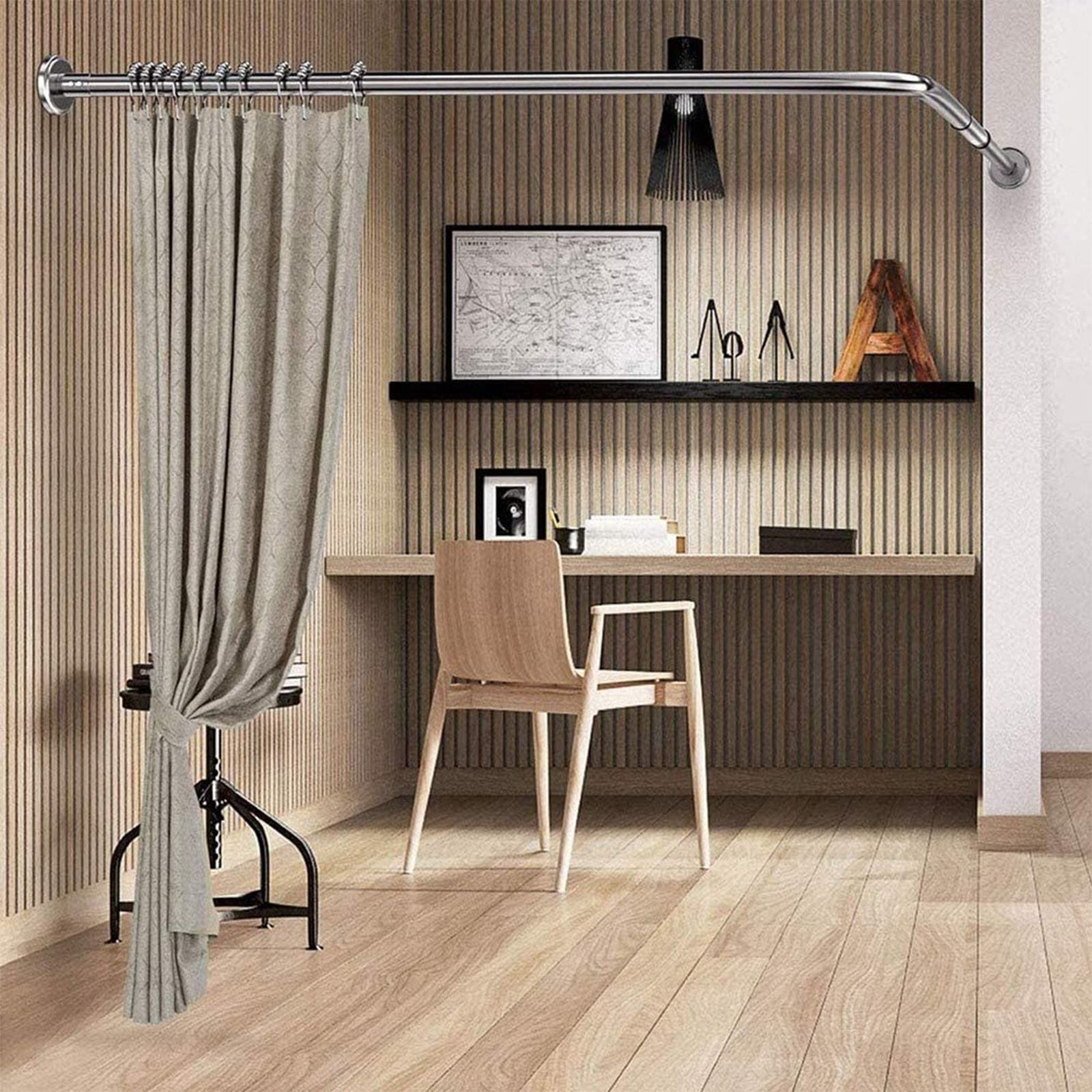 Barre de Rideau de Douche Extensible en Forme de L avec Rails incurvés, pour Salle de Bain, Baignoire ou Cabine d'essayage - Argent - 80-100 x 80-100