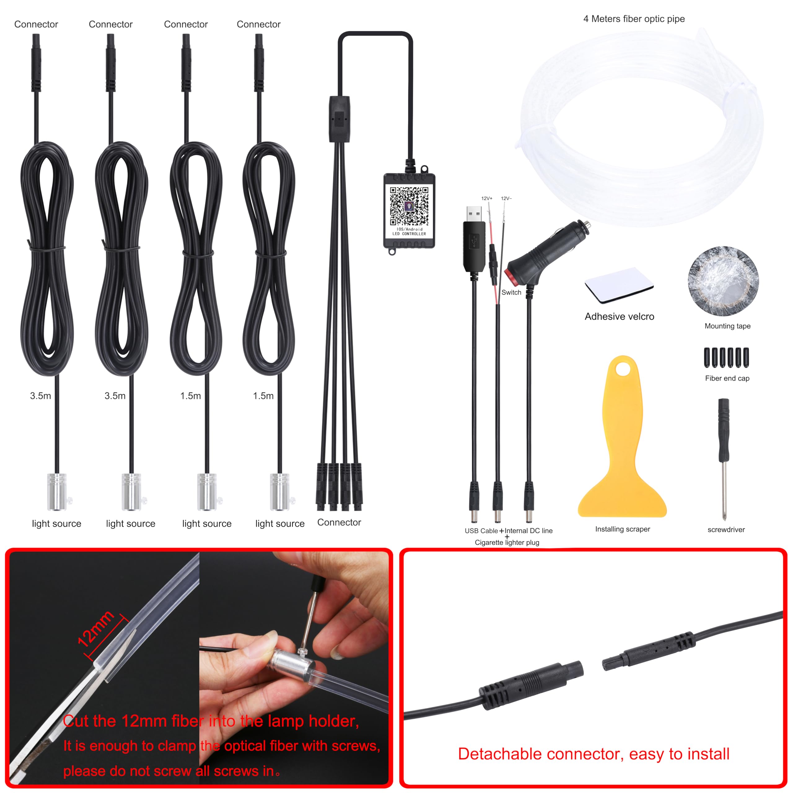 Auto Umgebungsbeleuchtung Kit 64 Farben Mehrfarbig Musik Glasfaser APP Steuerung Auto DIY Dekorative Atmosphäre Beleuchtung DC 12V 1W 4m