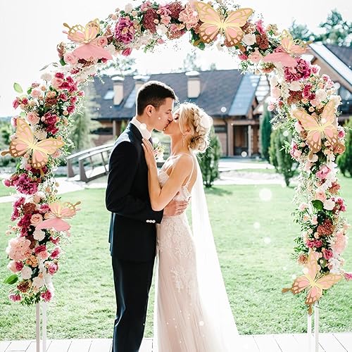 Miniatura 7 de Yordearly Paquete de 12 decoraciones de fiesta de mariposa grande, 2 capas de decoración de mariposa grande dorada y rosa, papel 3D, decoración de