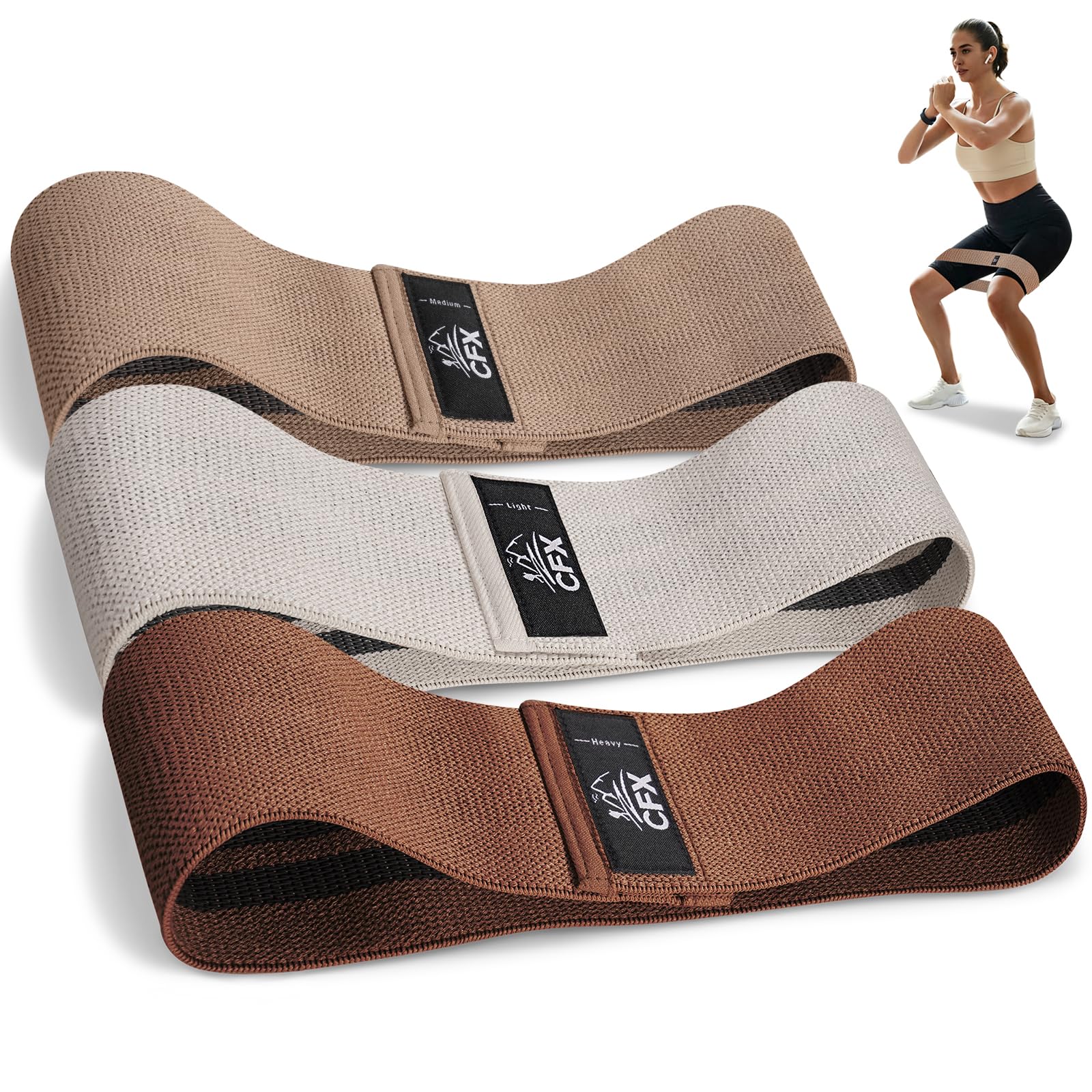 CFX Resistance Bands Set, Exercise Bands with Non-Slip Design for HIPS & Glutes, 3 Levels Workout Bands for Women and Men, Booty Bands for Home Fitness, Yoga, Pilates (Brown Set)