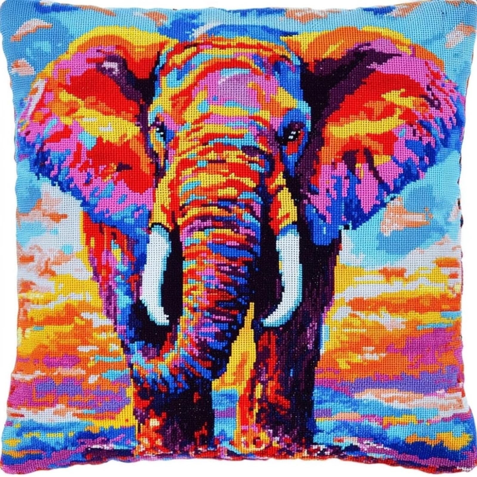 WallustrioaW 11CT Pre Printed Cross Stitch Kits,Colorful Elephant,DIY Embroidery Pillow Covers Kit DIY Handmade Needlework Cushion for Beginners,45x45cm