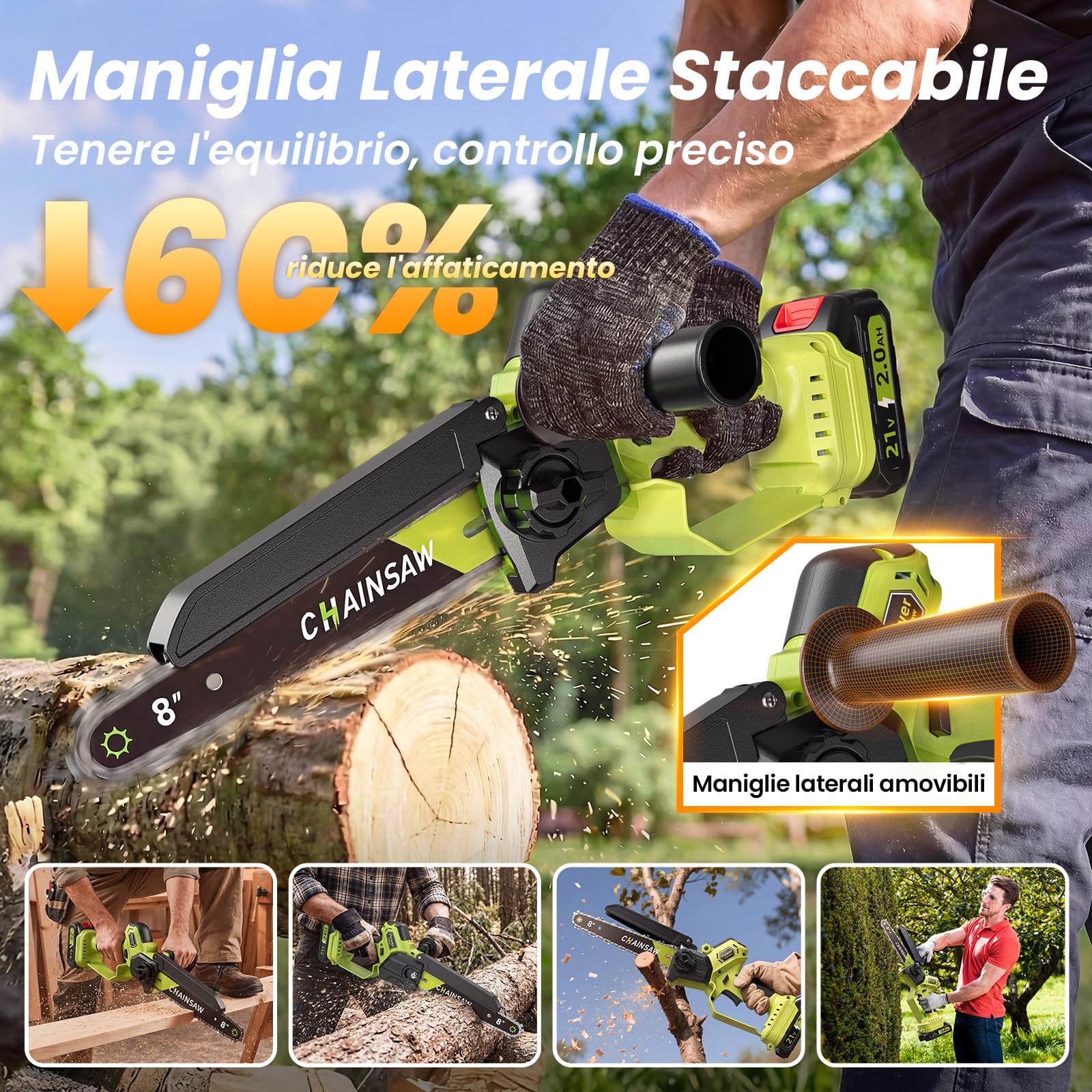 Mini Motosega a Batteria 8 Pollici, 1300W Brushless Motosega Elettrica, 2 x 2000mAh Sega a Batteria per Potatura con Pompetta Olio e Catena di Ricambio, Potatura per il Taglio del Legno Giardini