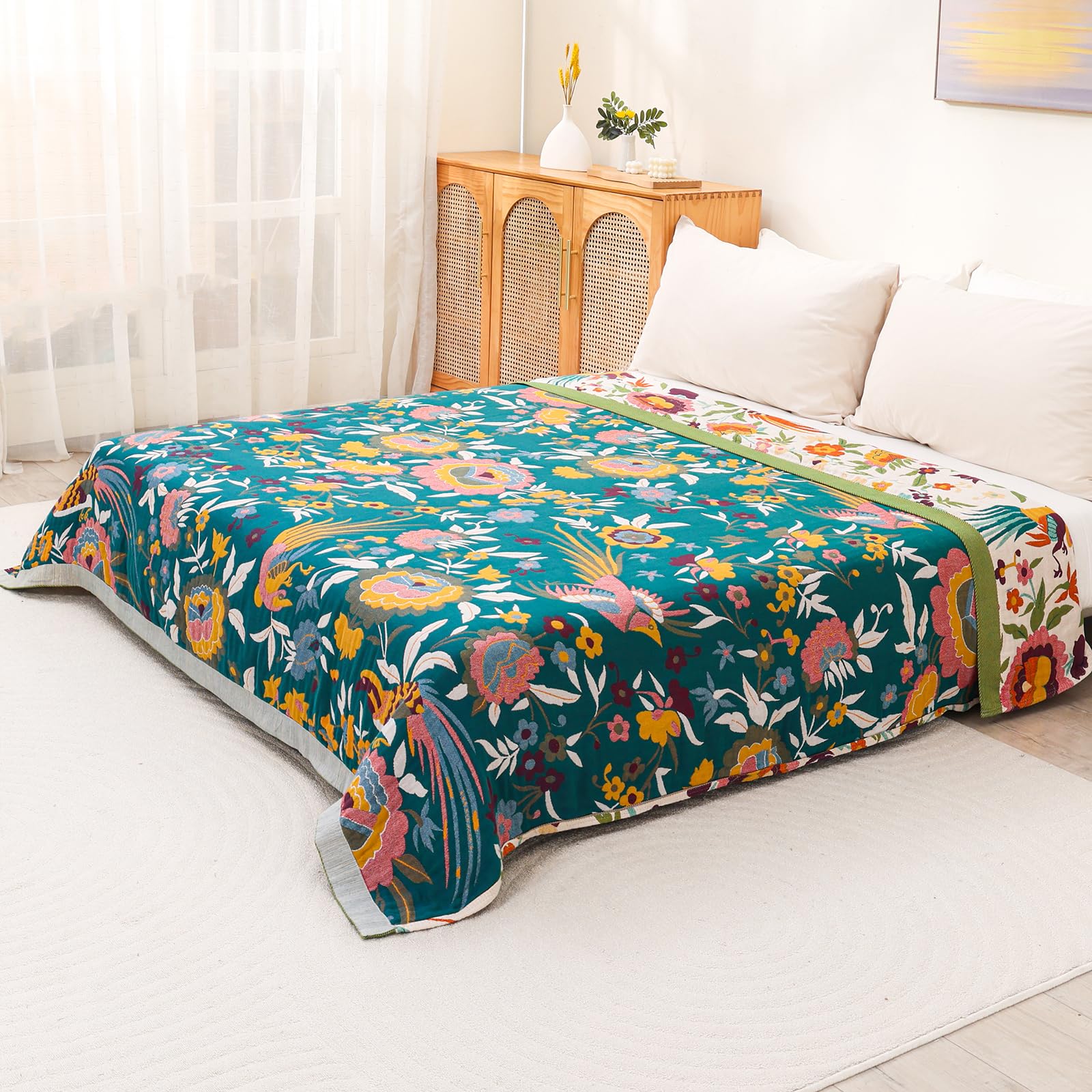 HOORDRY Manta decorativa bohemia de algodón de doble cara, agradable al tacto, para cama individual y sillón con patrones de flores, colcha para todas las estaciones, 100% algodón puro, 150 x 200 cm.