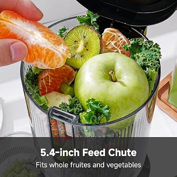 عصارة Amzchef الباردة ذات مجرى تغذية عريض مقاس 5.4 بوصة، مستخرج عصير مضغ مع مثقاب كبير ومصافي ثلاثية، إنتاجية عالية، سهلة التنظيف، مصنوعة من الفولاذ المقاوم للصدأ باللون الفضي