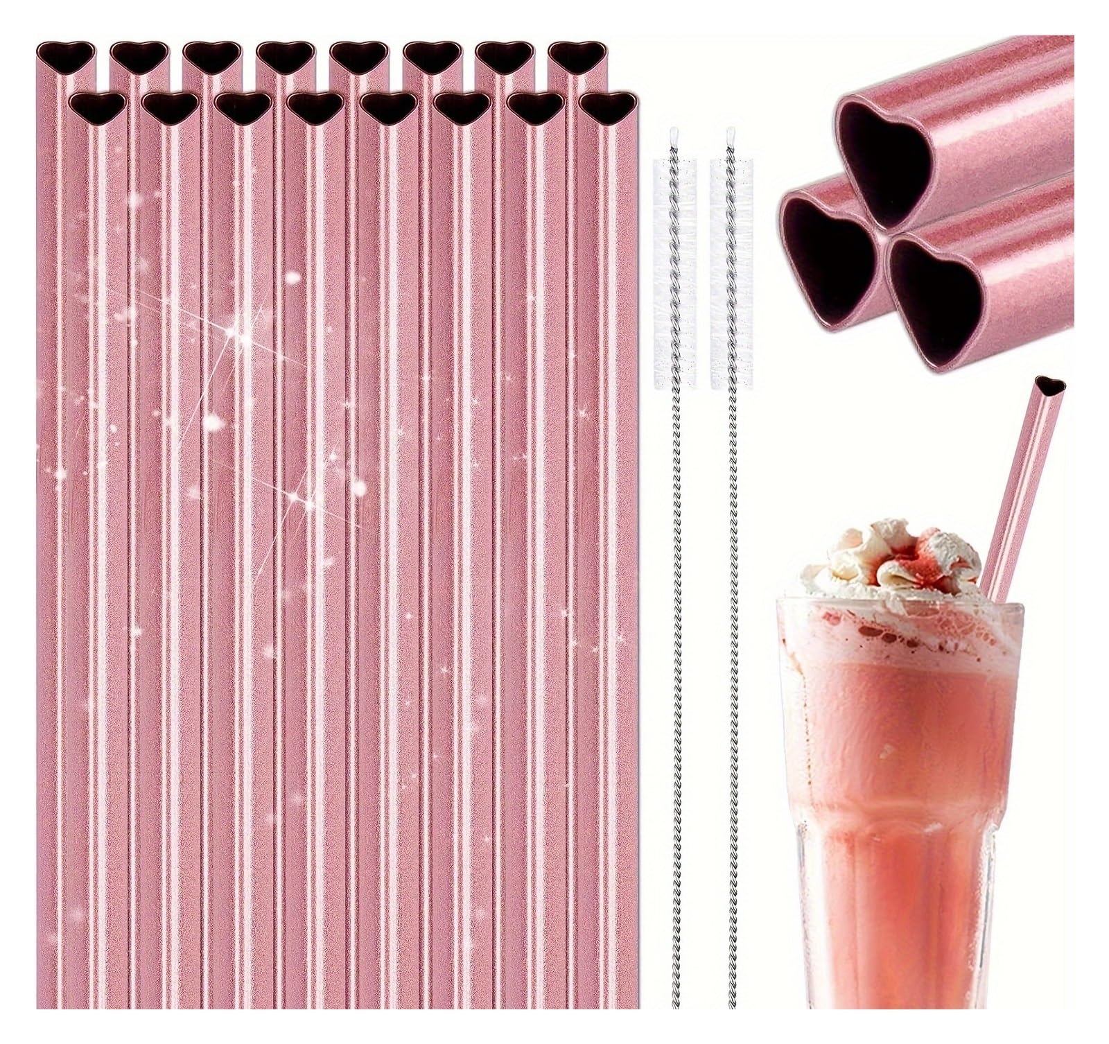 Strohhalme 304 Edelstahl-Strohhalm, rosa, herzförmiges Metall-Strohhalm-Set mit Strohhalmbürste Für Smoothie(8pcs)