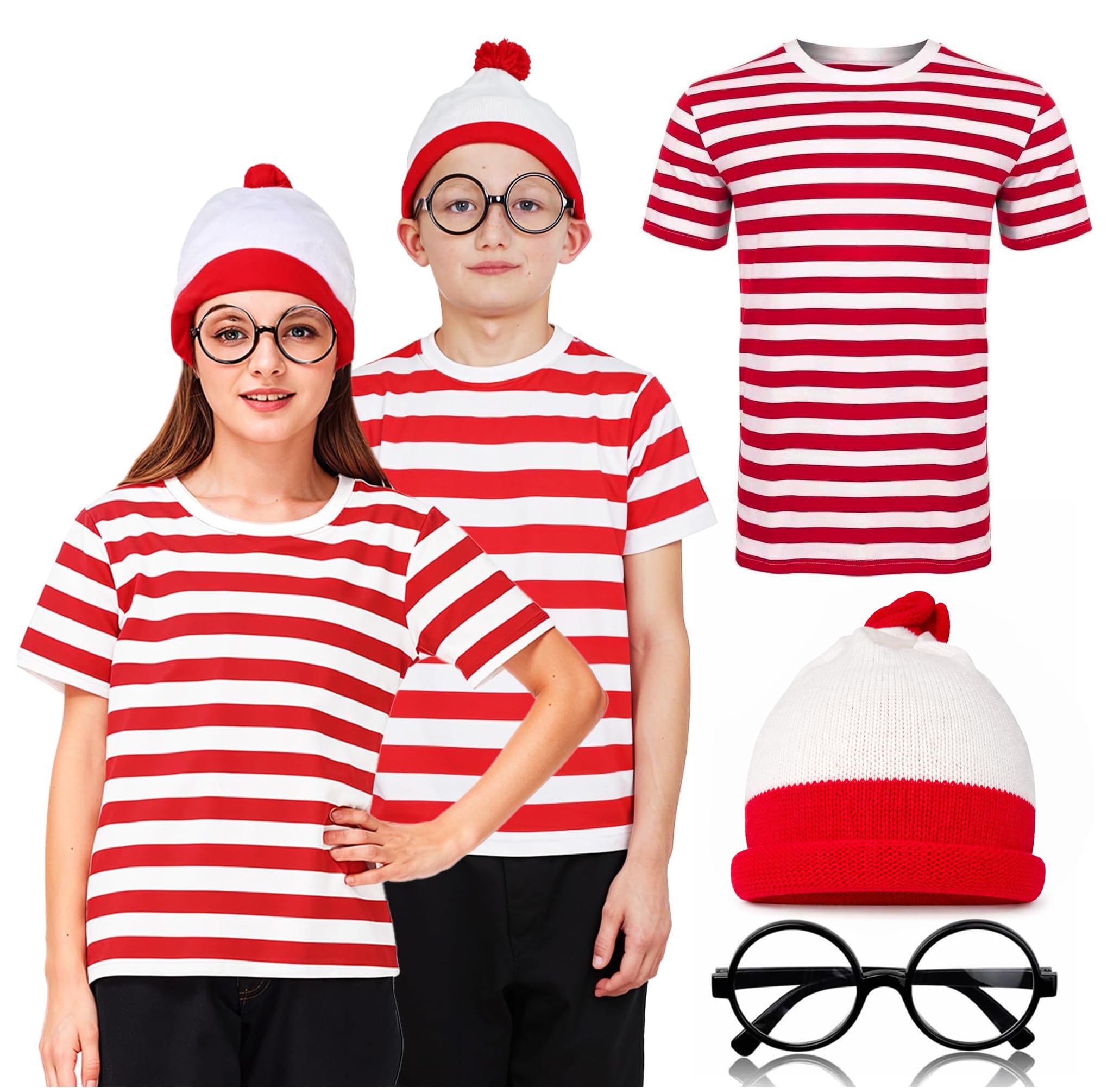 The Fancy Dress® Unisex Kids Boys Girls Red White Stripe T-Shirt Hat Glasses Set | Childrens 3 Pcs Book Week Fancy Dress Costume Outfit, 9-10 Year