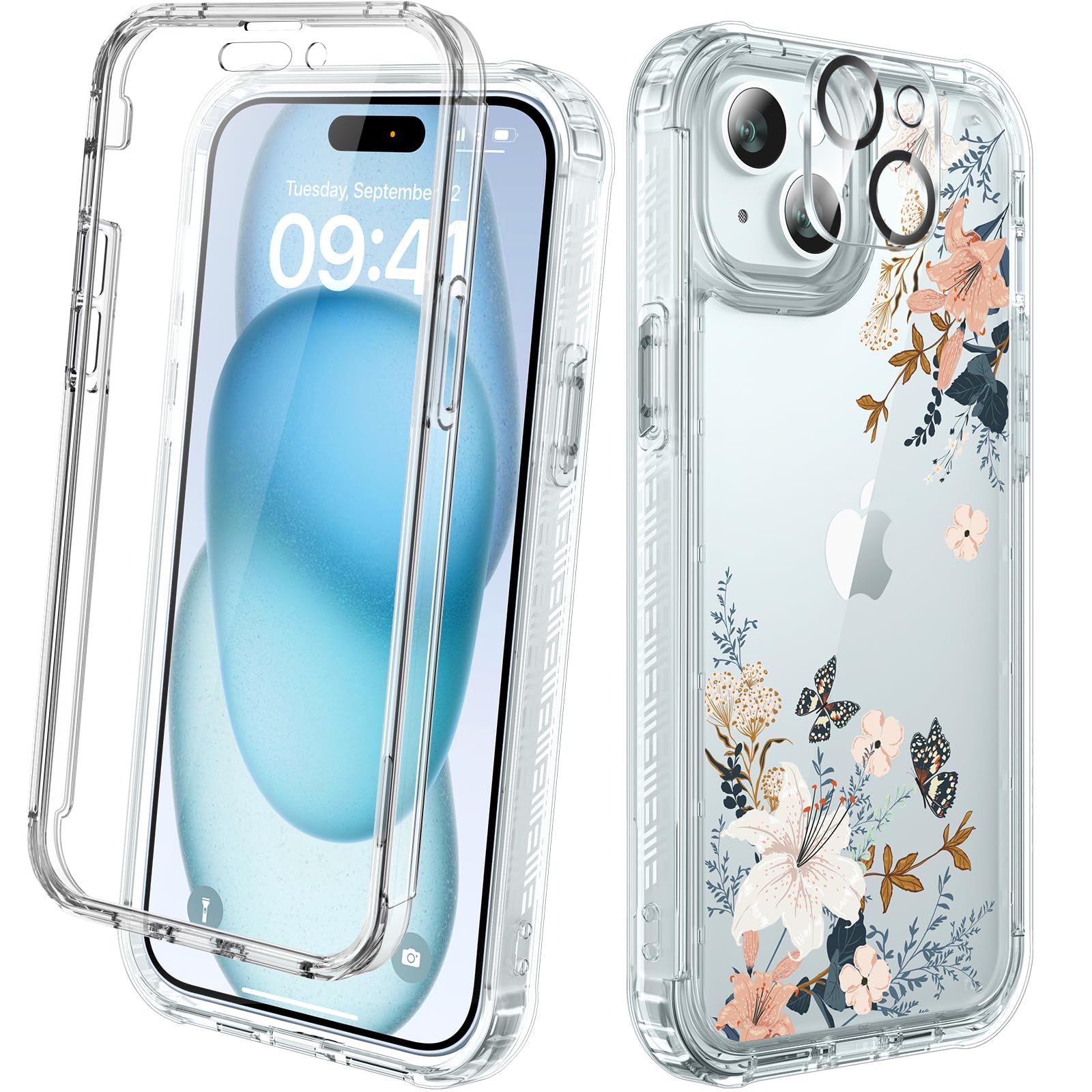 Diaclara Designed for iPhone 15 Plus Clear Flower Butterfly Phone Case 6.7’’, Full Body Rugged Cover w/Built-in Screen Protector+ GlassCamera Lens Protector(Butterfly)