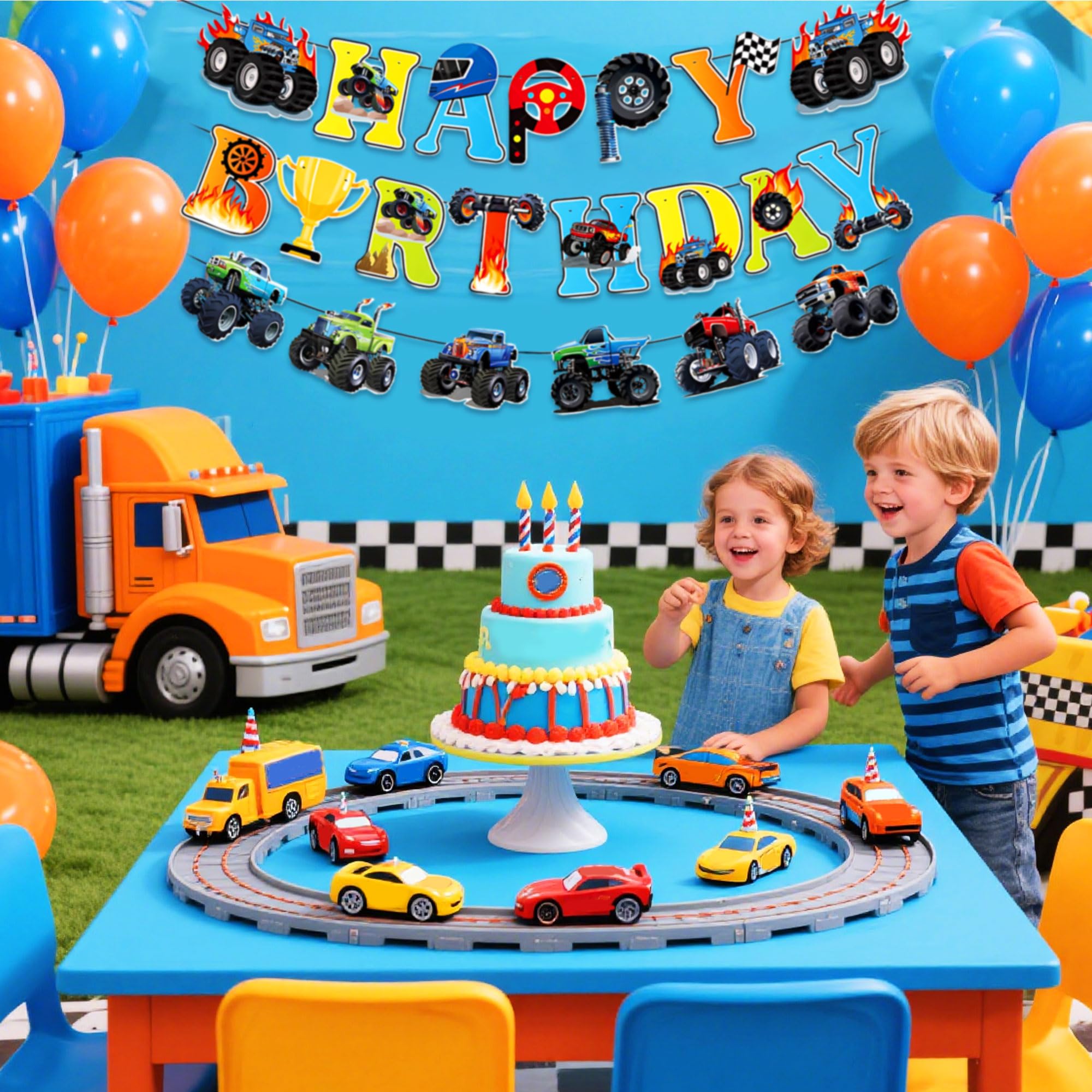 Monster Truck Birthday Banner Fire Cars Trucks Birthday Sign with Garland Race Car Theme Party Supplies - Image 4
