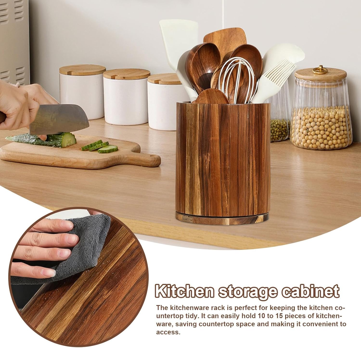 Utensil Crock,360 Rotating Base Wooden Waterproof | Utensil Holder for Kitchen Counter,for Silverware Spoon Fork Spatula Cooking Tools Home Apartment Farmhouse