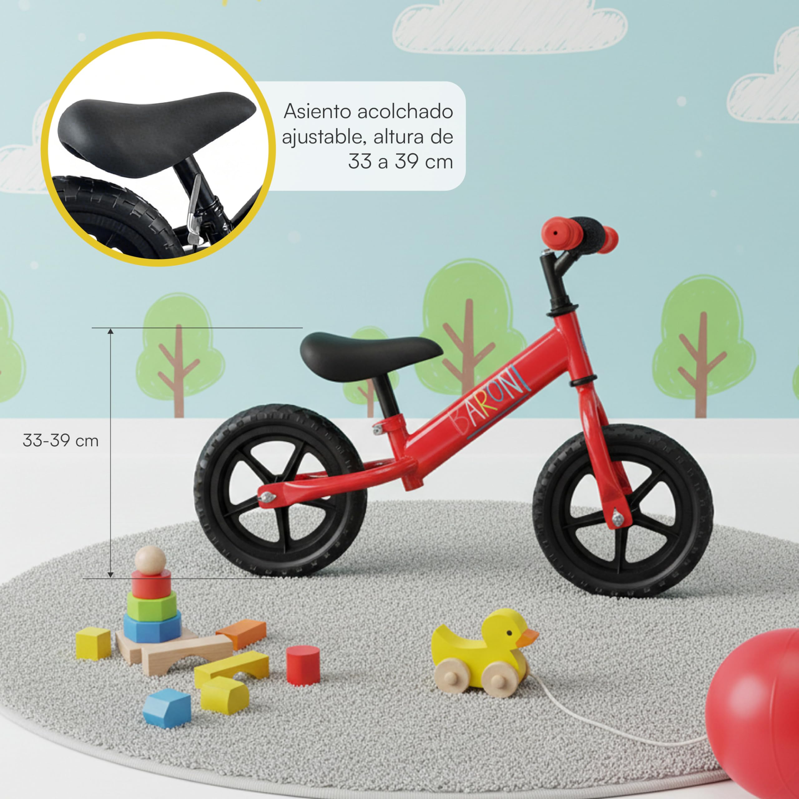Baroni Toys Bicicleta sin pedales para niños a partir de 3 años, bicicleta equilibrada con manillar y sillín ajustables, ruedas perforadas antideslizantes, capacidad de carga 45 kg, ideal para