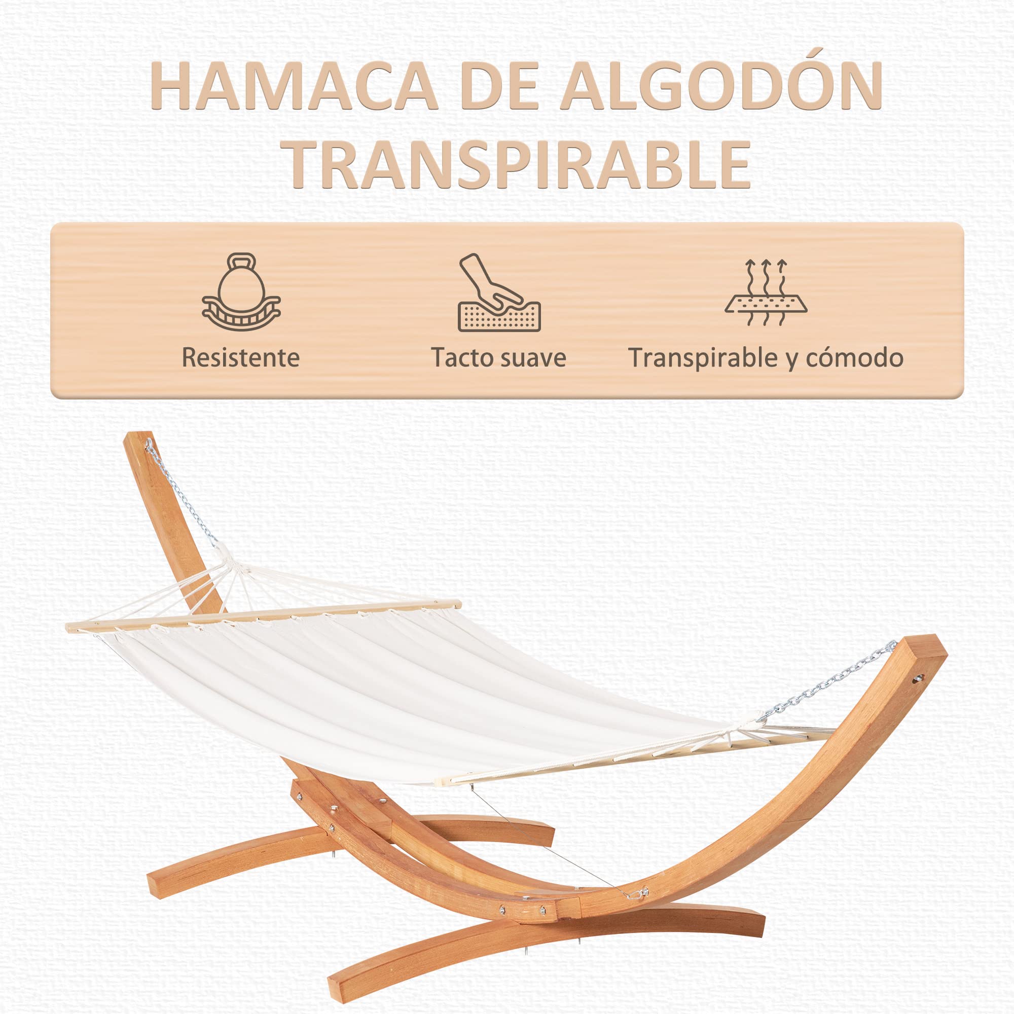 Outsunny Hamaca con Soporte de Madera Hamaca de Jardín Colgante con Marco y Tumbona de Algodón 200x120 cm para Terraza Balcón Carga 150 kg 392x120x102 cm Blanco y Natural
