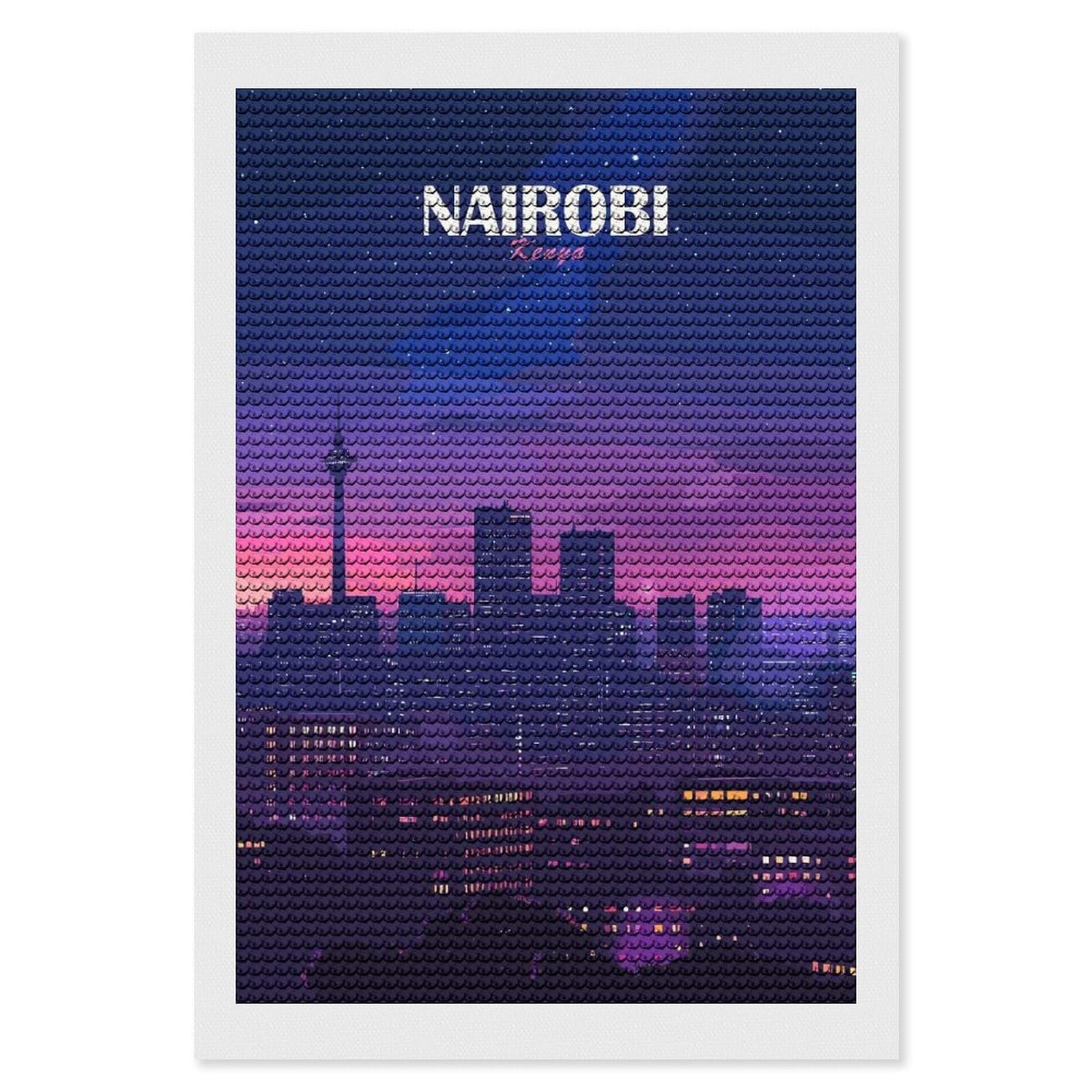 Junmoney Nairobi, Kenya Cityscape at Night Diamond Art Kit 8"x12", Modern Decor, for Adults, Printed Canvas, Holiday Gift Idea, Fun Craft Experience