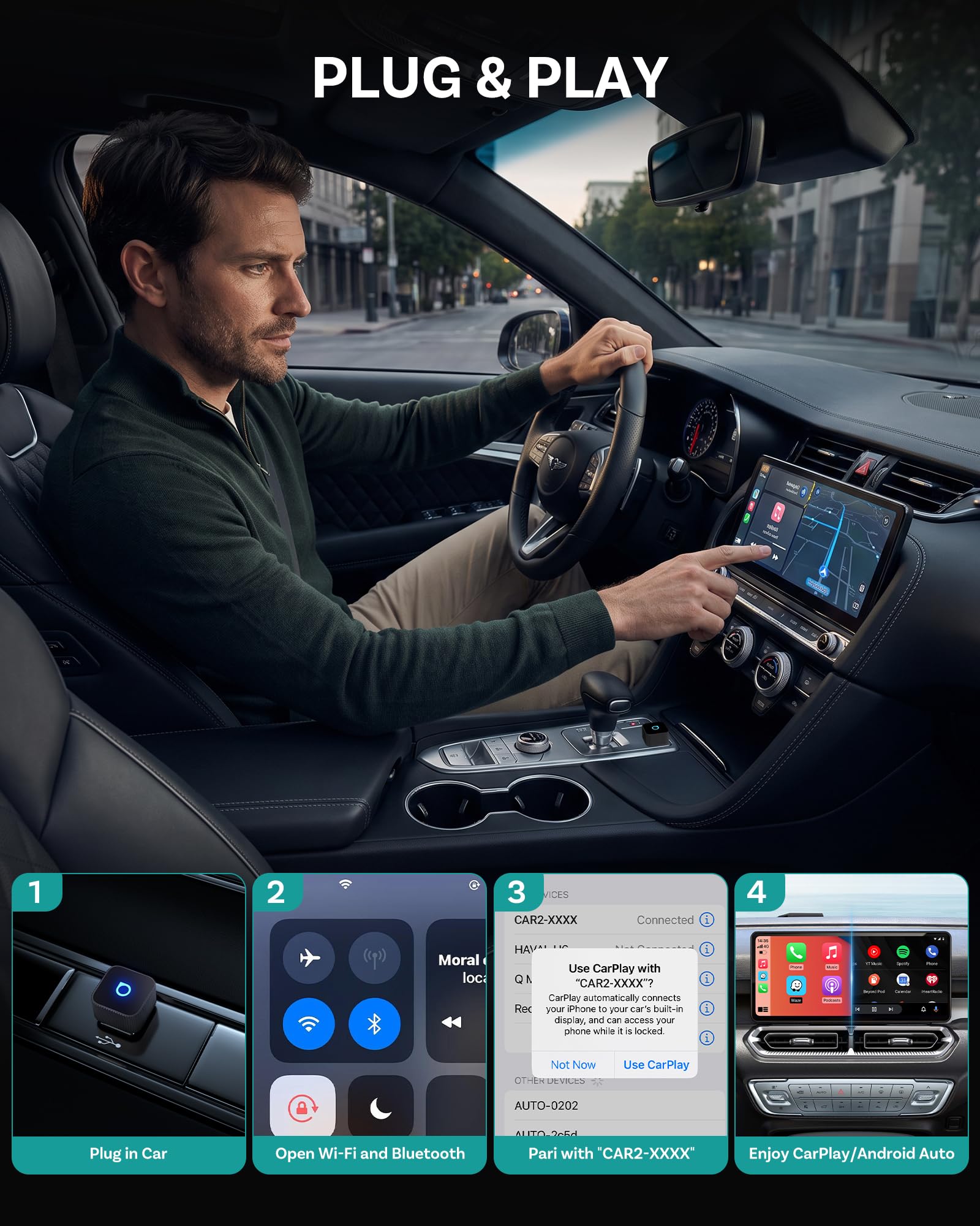 OTTOCAST Mini Slim 2026 Adattatore Wireless CarPlay e Android Auto, Adattatore 2-in-1 per Auto con CarPlay e Android Auto Cablati, Plug & Play, Riconnessione Automatica