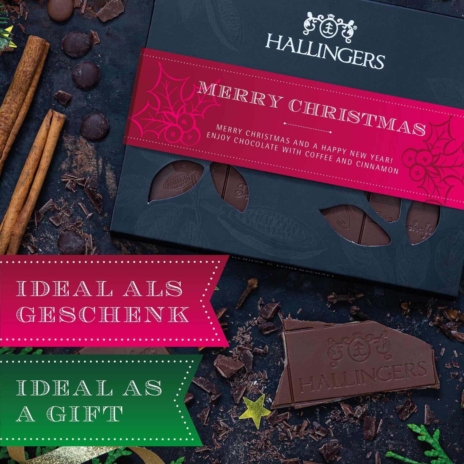 Hallingers Genuss Manufaktur Schokolade Weihnachts-Geschenk - Tafel Edelkakao handgeschöpft ohne Alkohol edler Karton 10x "Merry Christmas" Kaffee-Zimt, Weihnachten für Frauen Männer