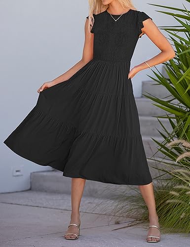Miniatura 5 de MEROKEETY - Vestido midi fruncido de manga corta para mujer, vestido de verano casual, acampanado, con cintura elástica y escalonado