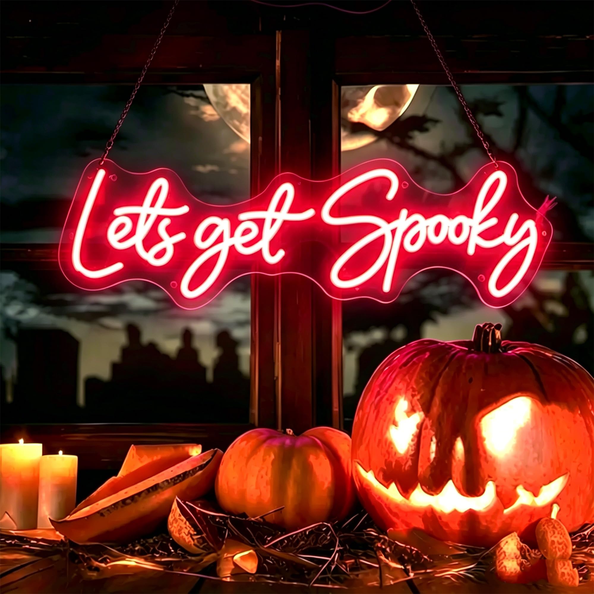 Let's Get Spooky Neon Sign Custom Halloween Signs, Dimmable LED Spooky Light Signs for Wall Decor Halloween Party, Gothic Room, Bar, Bedroom, Fireplace