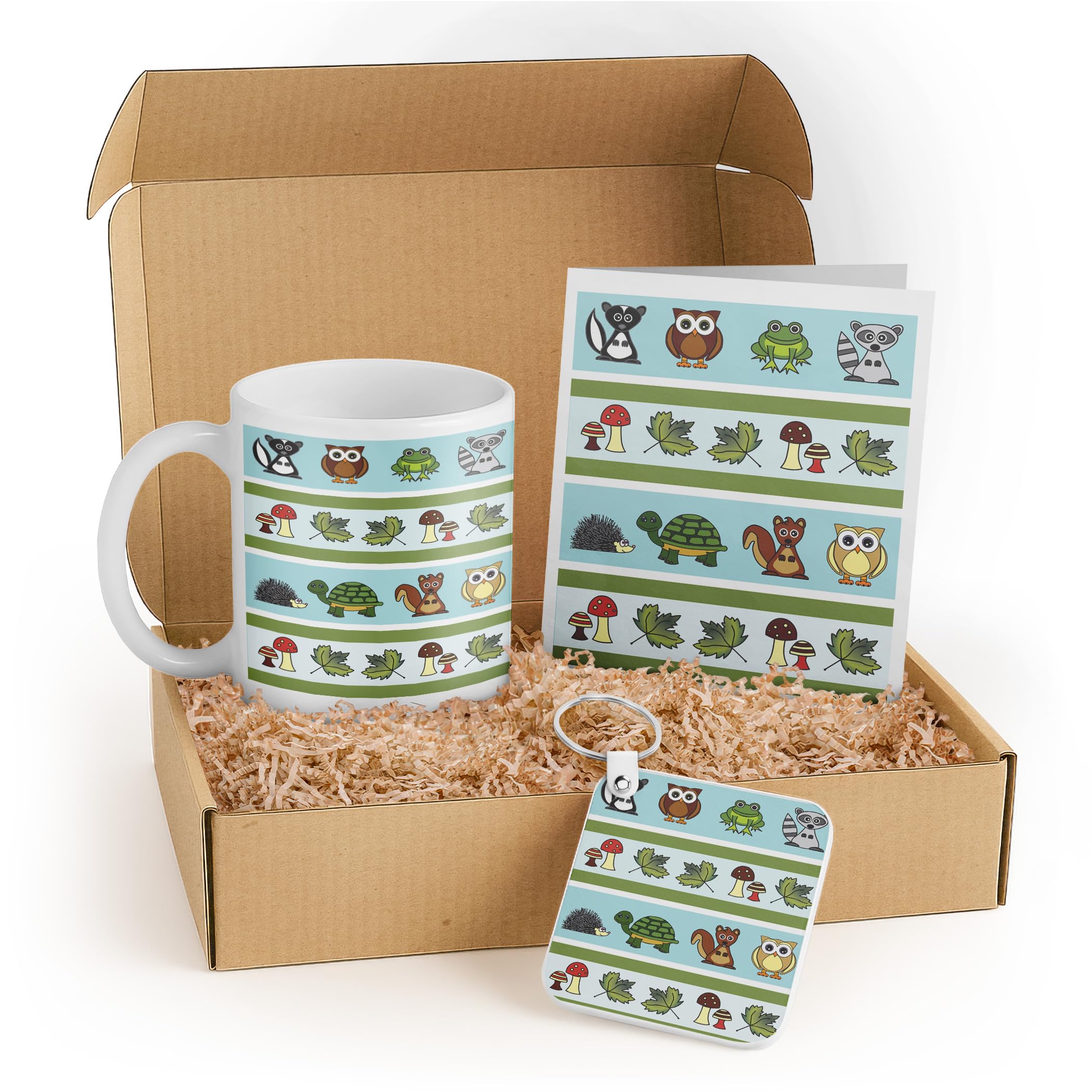 3dRose Cute Woodland Creatures Gift Set with Mug, Keychain, and Card – Colorful Cartoon Forest Animals for Nature Lovers and Children's Birthdays