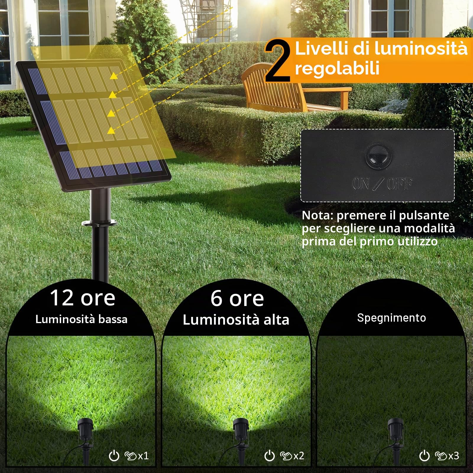 T-SUNUS Faretto Solare da Giardino, Lampade Luci Faretti Solari Esterno da Giardino 6000K IP65 impermeabile 2 Livelli di Luminosità ON/OFF automatici bianche
