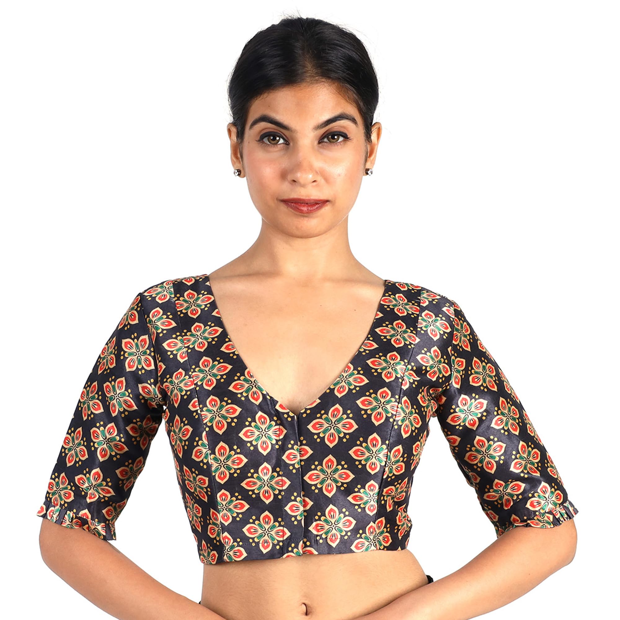 india blouse Women's Art Silk Black Printed V-Neck Saree Blouse | Elbow Sleeve Padded Blouse for Saree | Festive Crop Top-picture-29