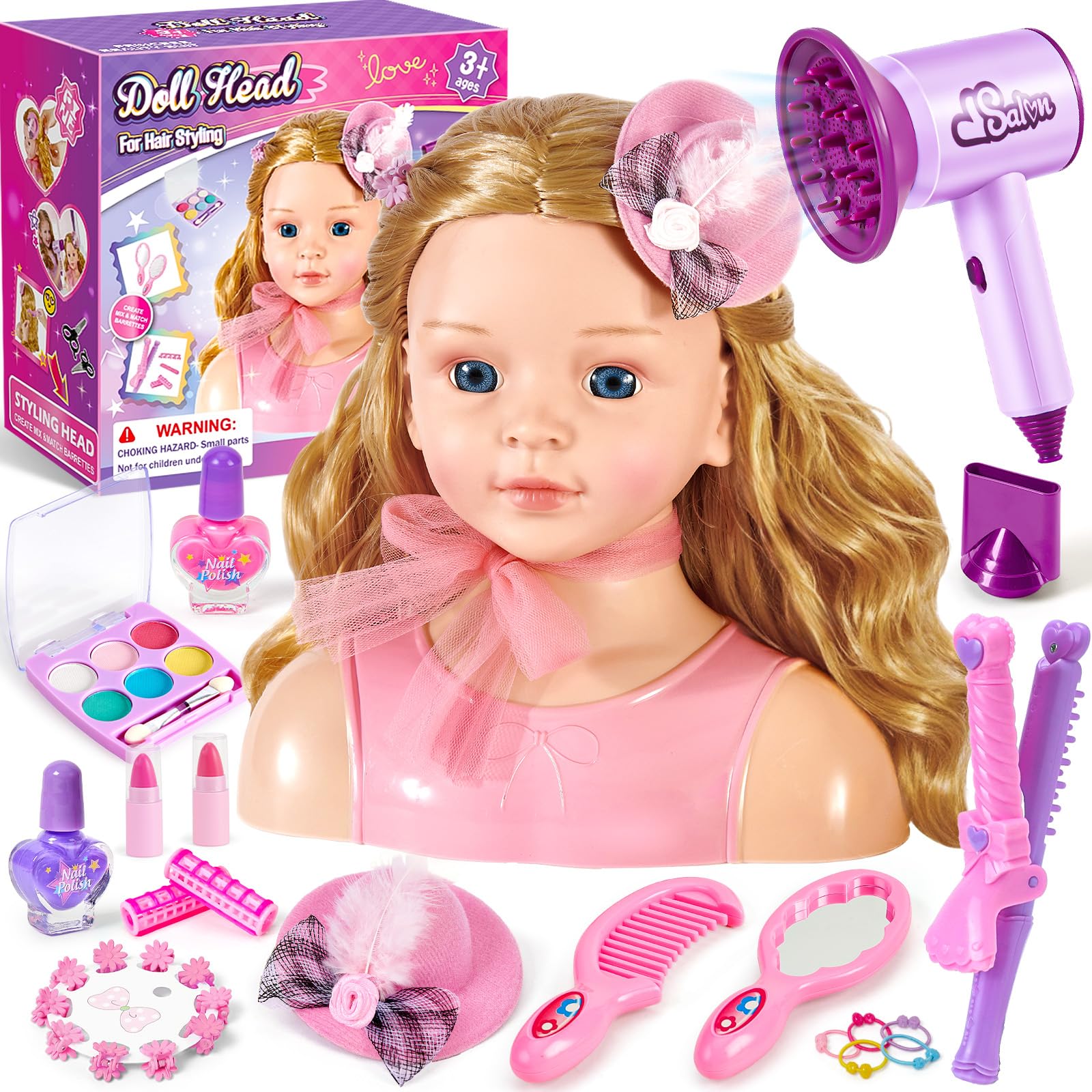 Frisierkopf Kinder Schminkkopf Mädchen Spielzeug, Stylingkopf Set mit Haartrockner, Lockenstab, Schminke, Hut, Haarstyling Zubehör, Rollenspiel Geschenk Puppenkopf zum Schminken Frisieren ab 3 Jahre