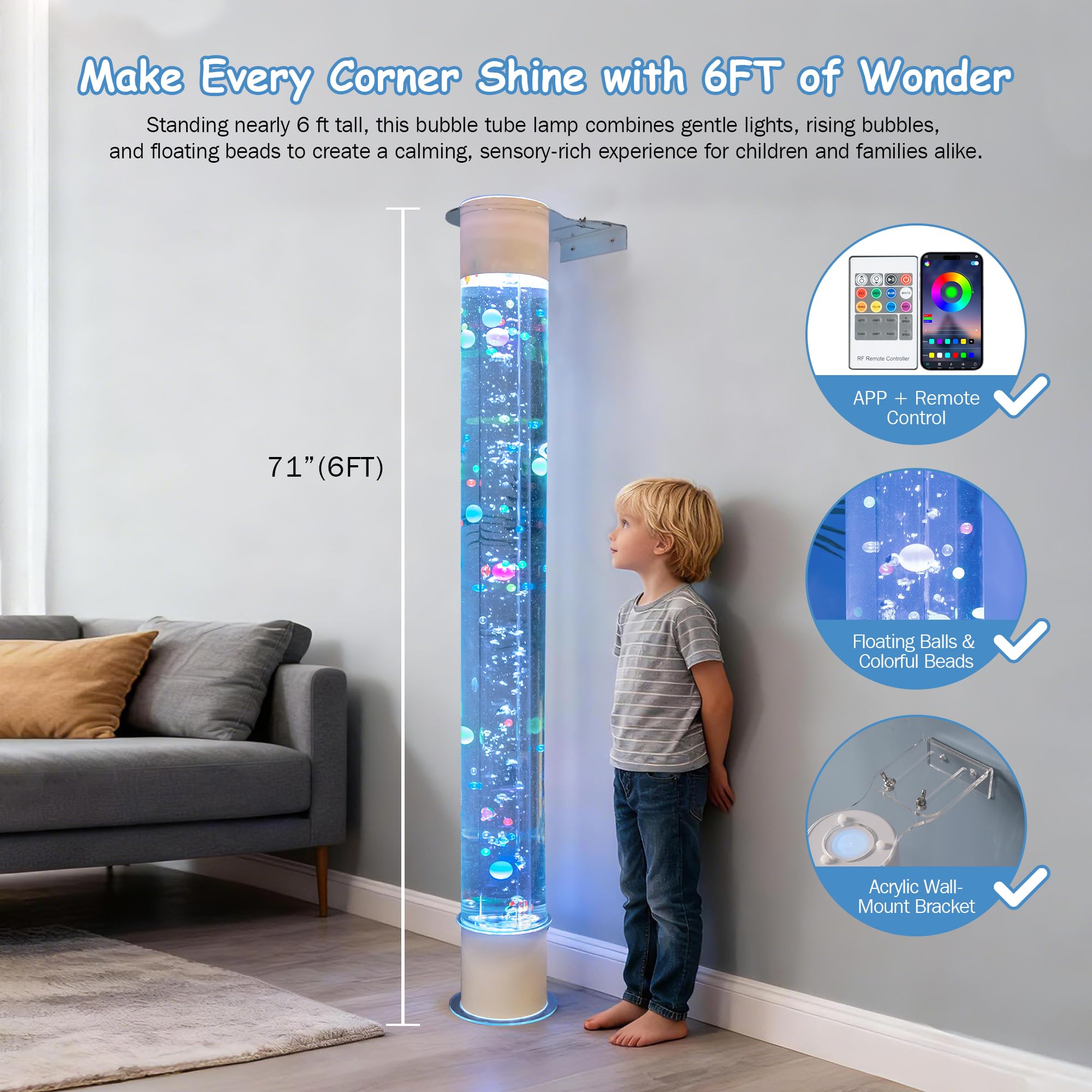 6FT Floating Balls Colorful Beads Bubble Tube Color-Changing LED with Remote App Works with Multiple Wireless Controllers Sensory — view 3