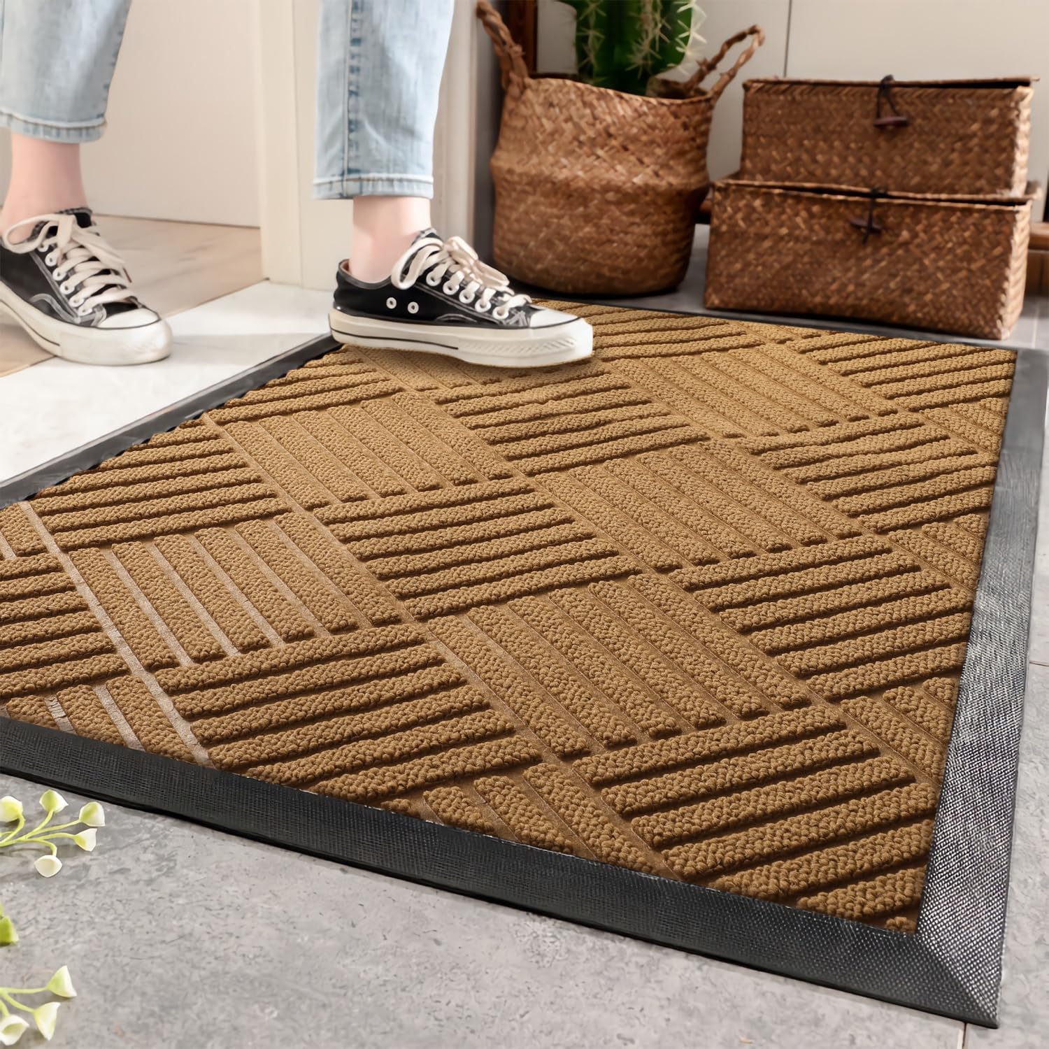 MHYTTFE Front Door Mat Non Slip Low Profile Outdoor Doormat Quick Trap Dirt Easy to Clean Welcome Mats for Entrance,High Traffic Areas,Indoor,Heavy Duty Brown