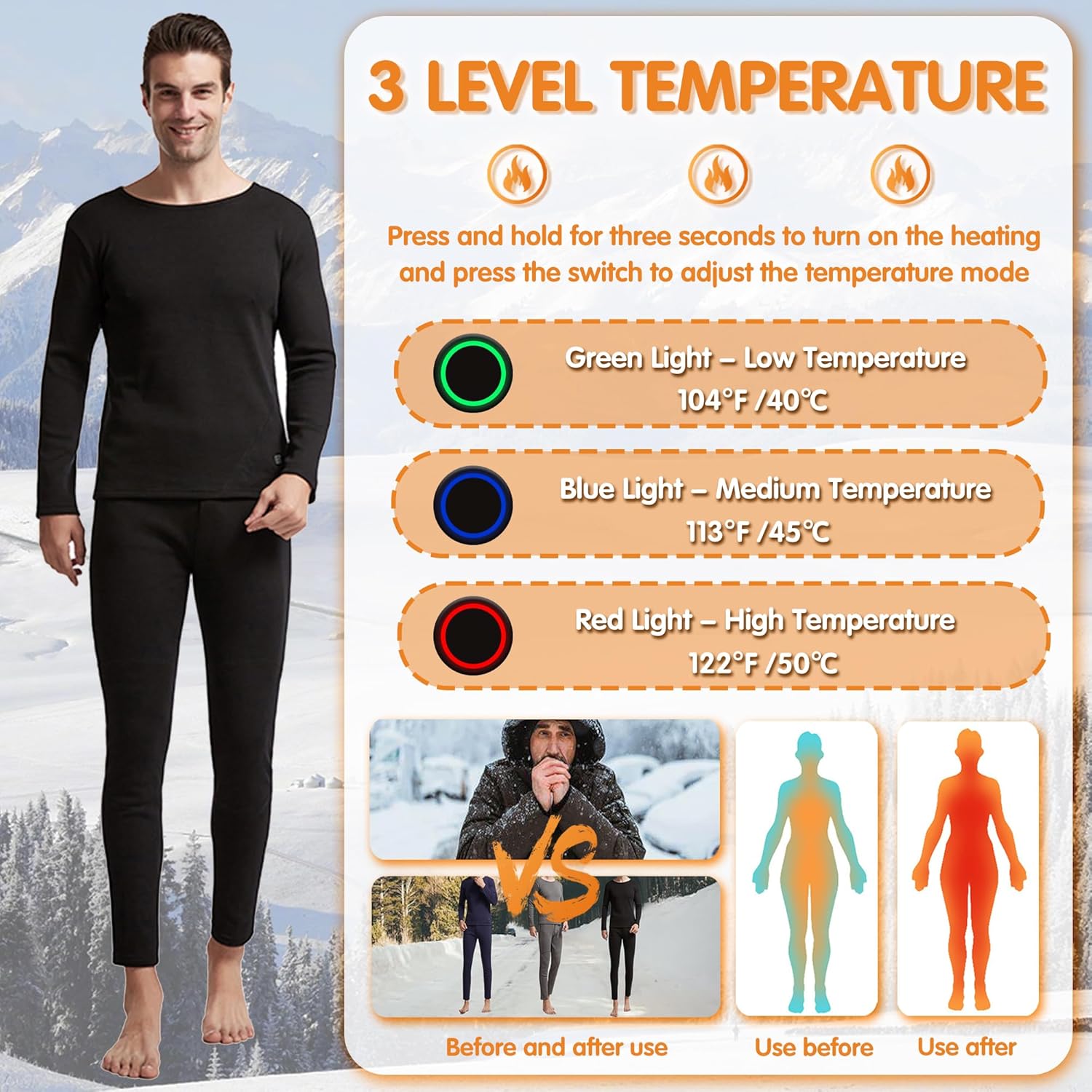 Heating Thermal Underwears, Men's Electric Heated Long Johns Set 16 Zones Thermal Top and Bottom for Skiing Hunting