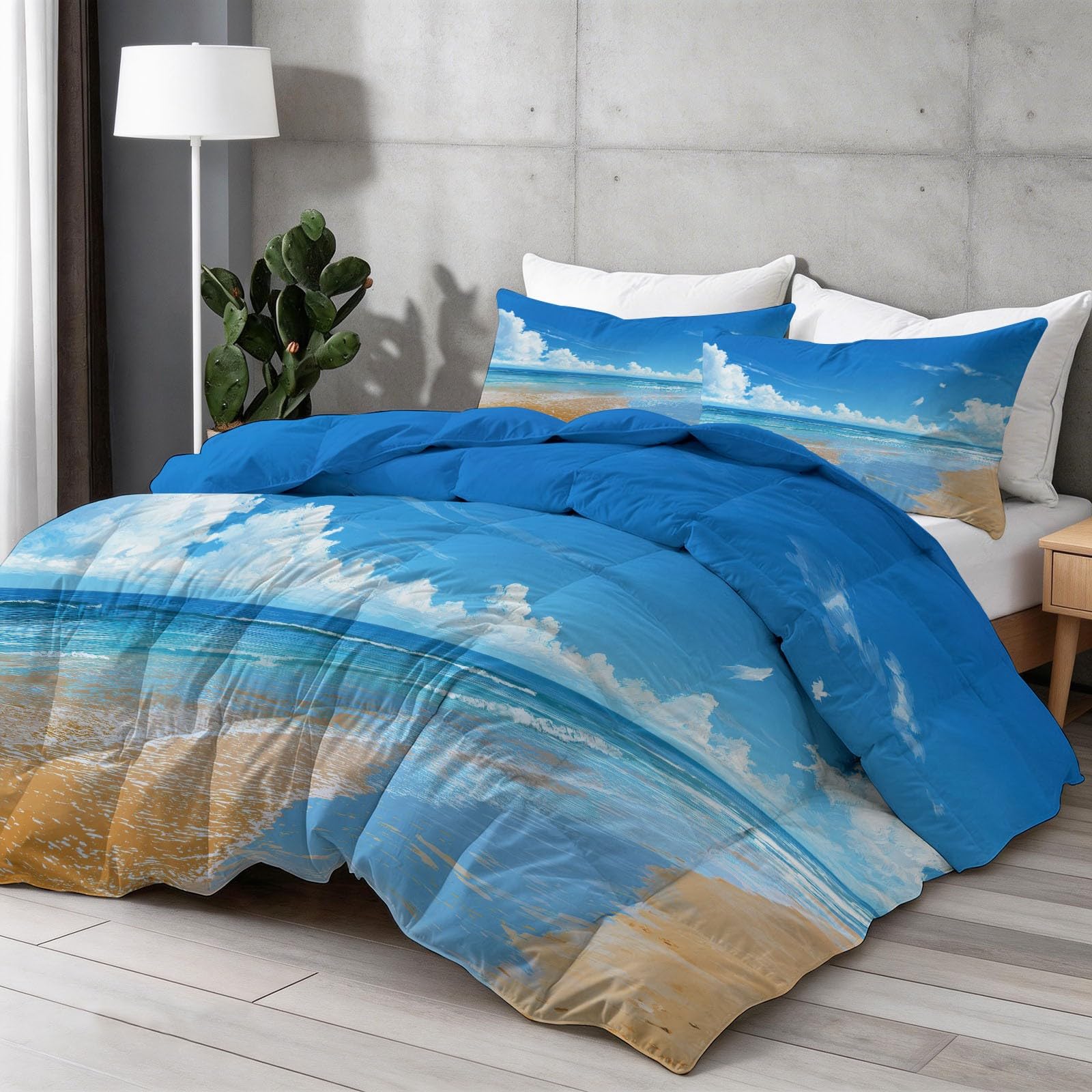 Piumino senza copertura con nuvole di mare 200 x 200 cm, reversibile, stampato, morbido, trapuntato, per letto matrimoniale, 4,5 tog, per tutte le stagioni, per fotografia, spiaggia, trapuntato