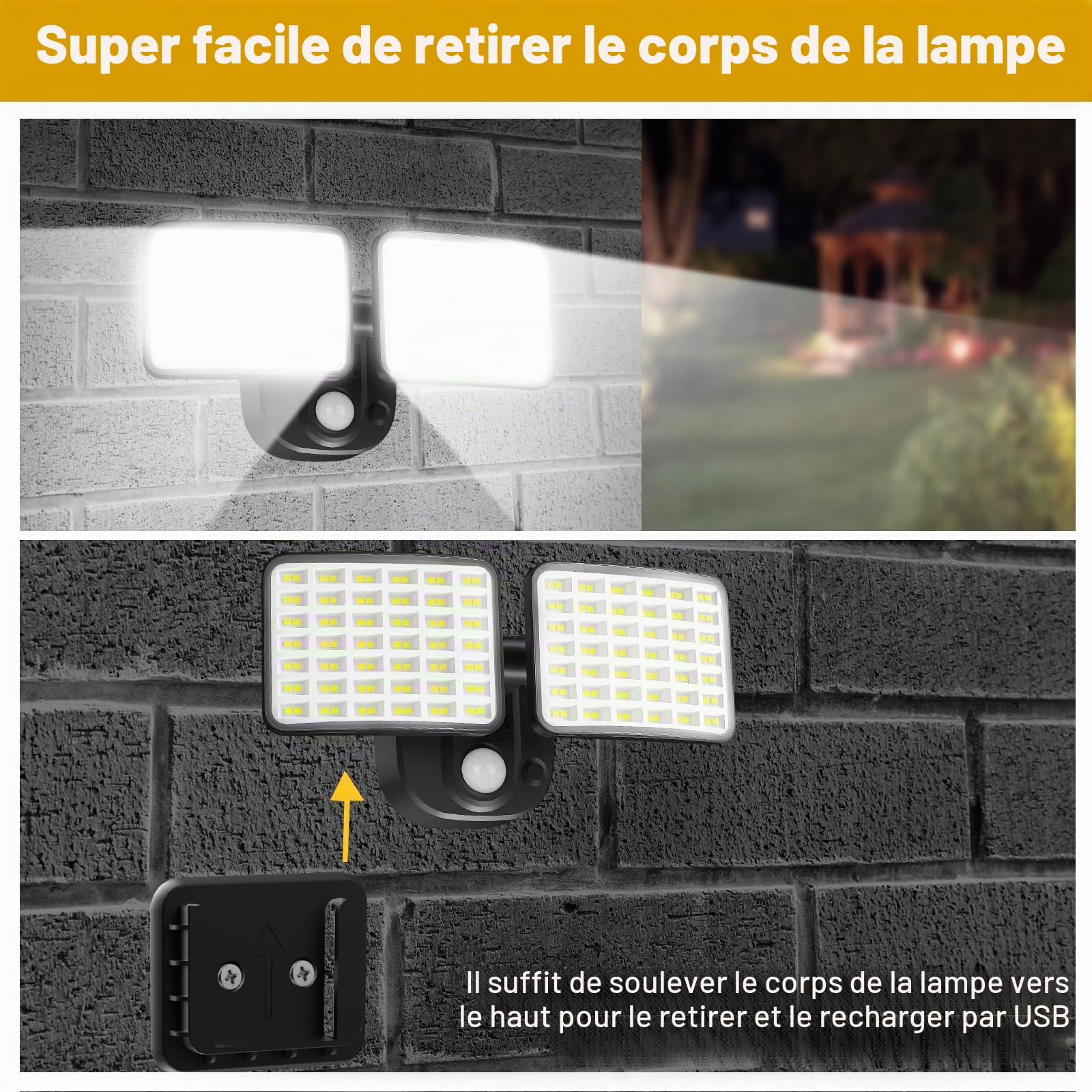 Lampes de sécurité extérieures alimentées par piles rechargeables avec détecteur de mouvement, chargement USB, autonomie de 1 à 3 mois, lumières à détecteur de mouvement pour garage, cour