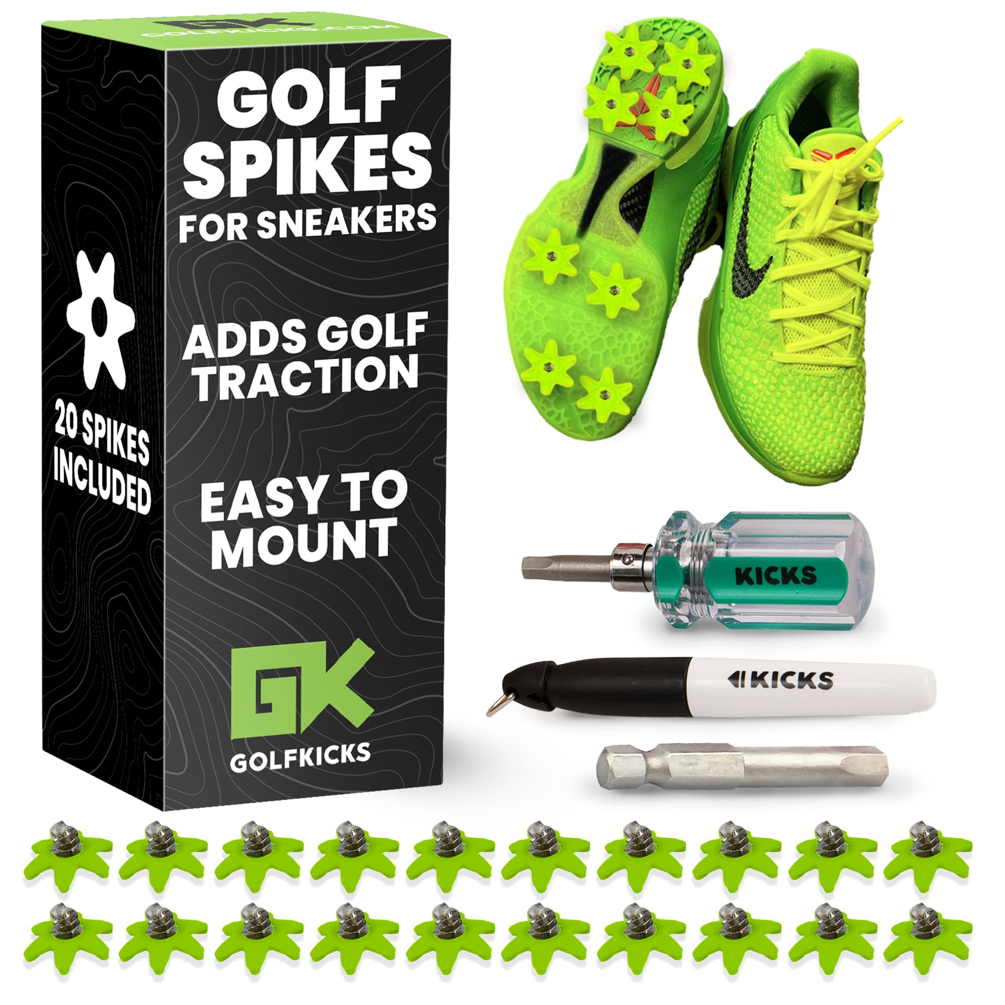 Golfkicks - Golf Spikes for Trainers with DIY Traction Kit, Add Spikes to Almost Any Shoe, As Seen on Shark Tank (20pcs)