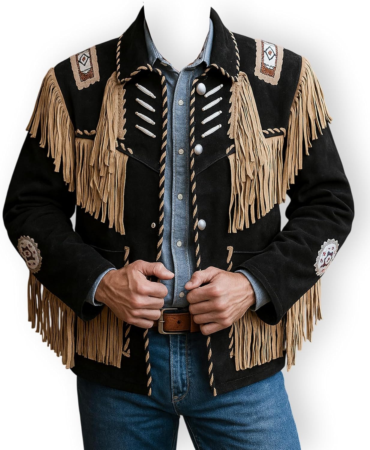 Men’s Western Fringe Leather Jacket – Genuine Lambskin Suede Cowboy Coat with Beaded Details